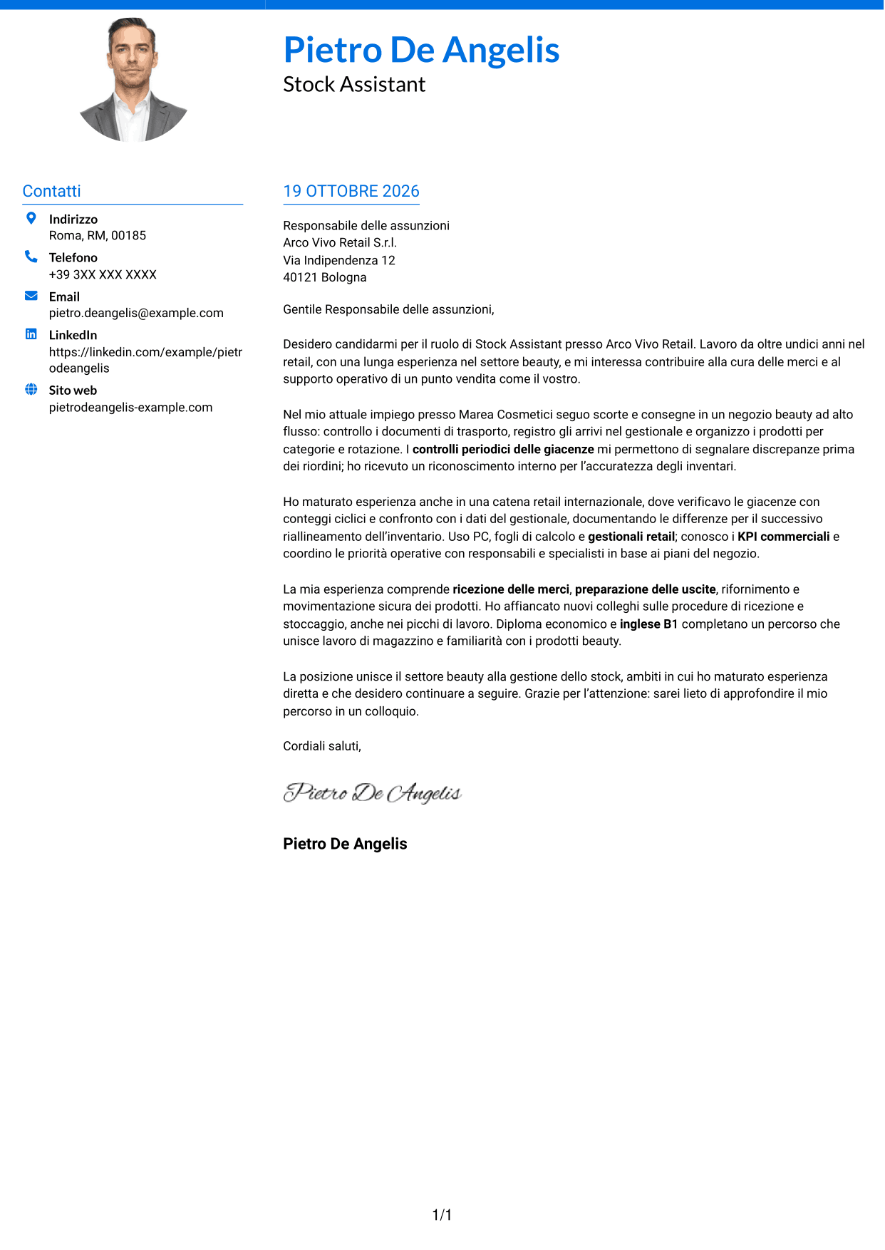 Lettera di presentazione Audace (formato a due colonne con accenti colorati e foto): Stock Assistant - Retail Beauty, pagina 1
