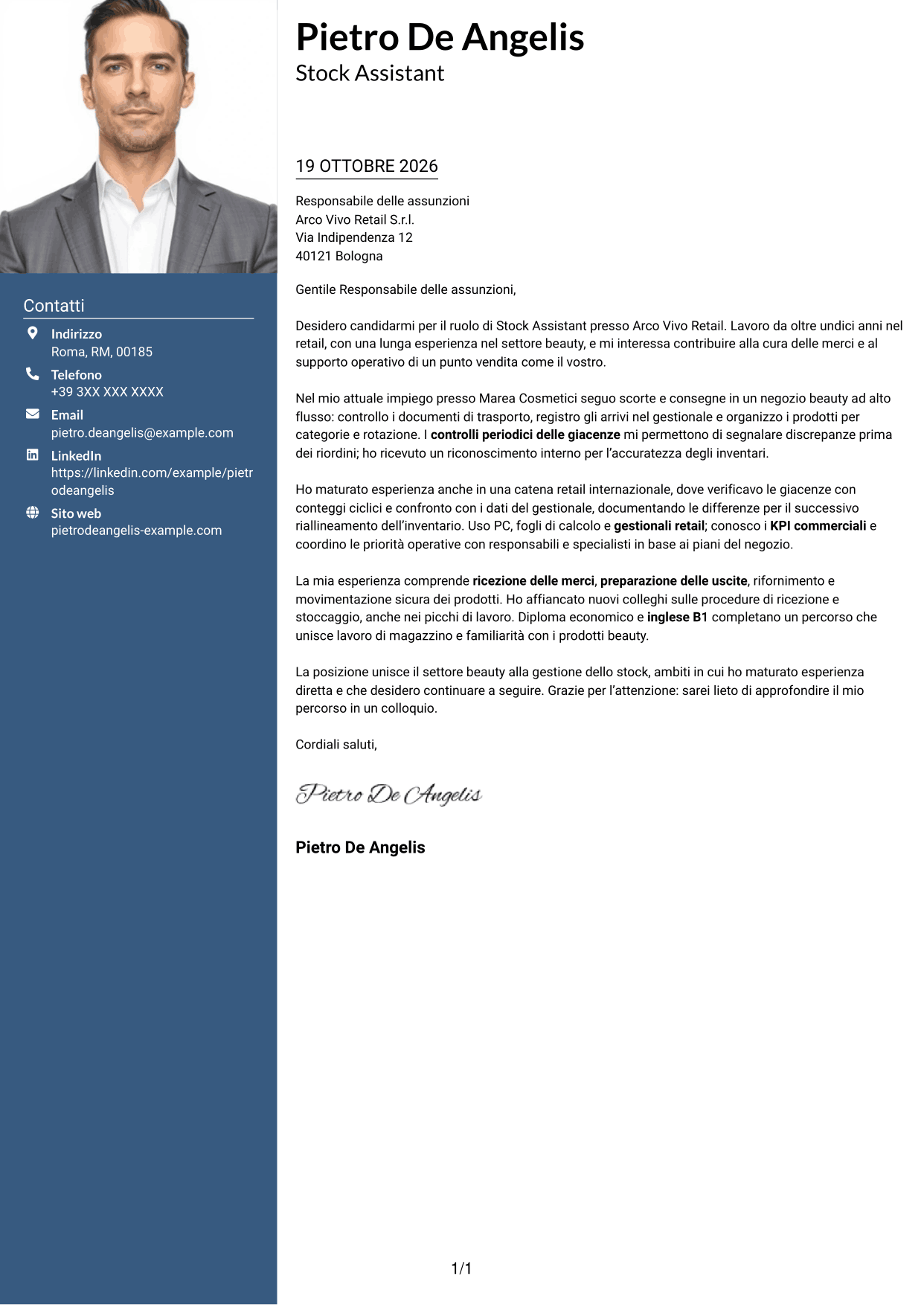 Lettera di presentazione Signature (formato con colonna laterale colorata e foto grande): Stock Assistant - Retail Beauty, pagina 1