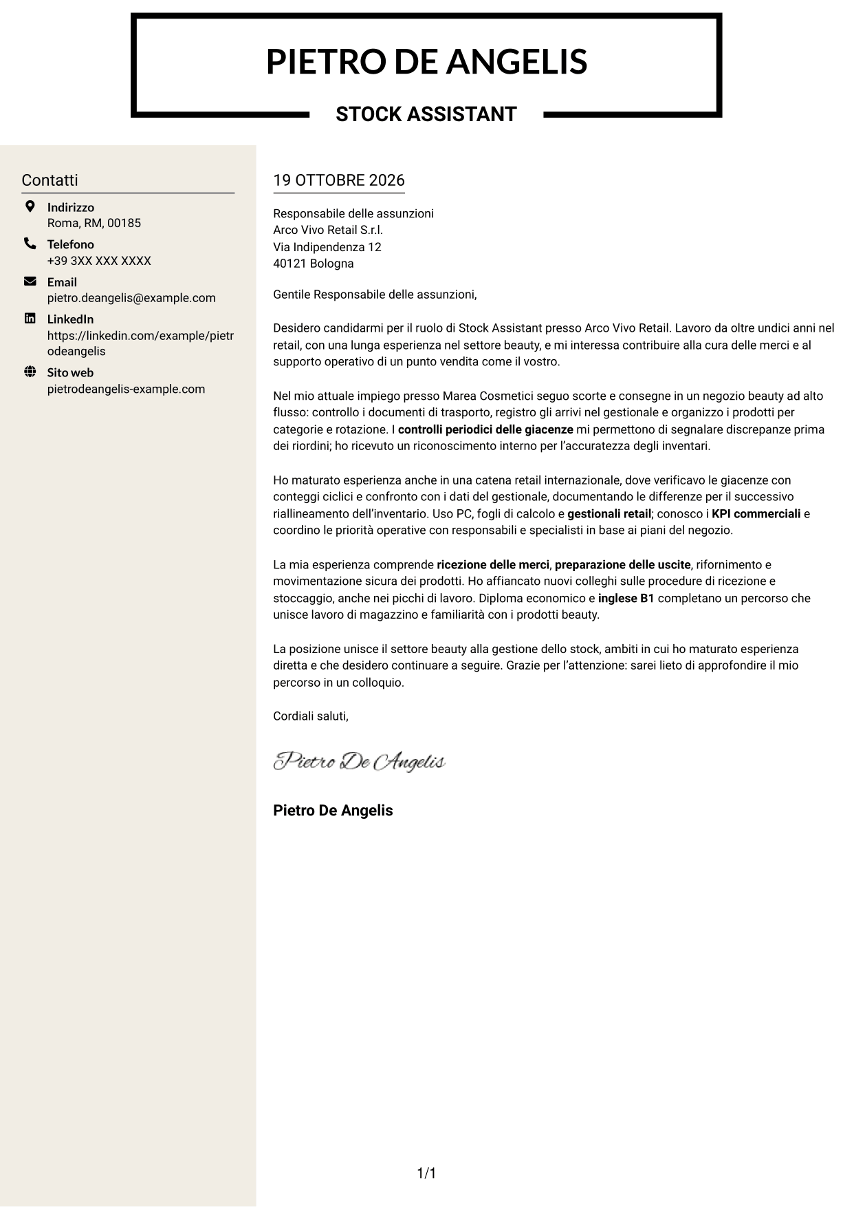 Lettera di presentazione Intraprendente (formato a due colonne con intestazione centrata senza foto): Stock Assistant - Retail Beauty, pagina 1