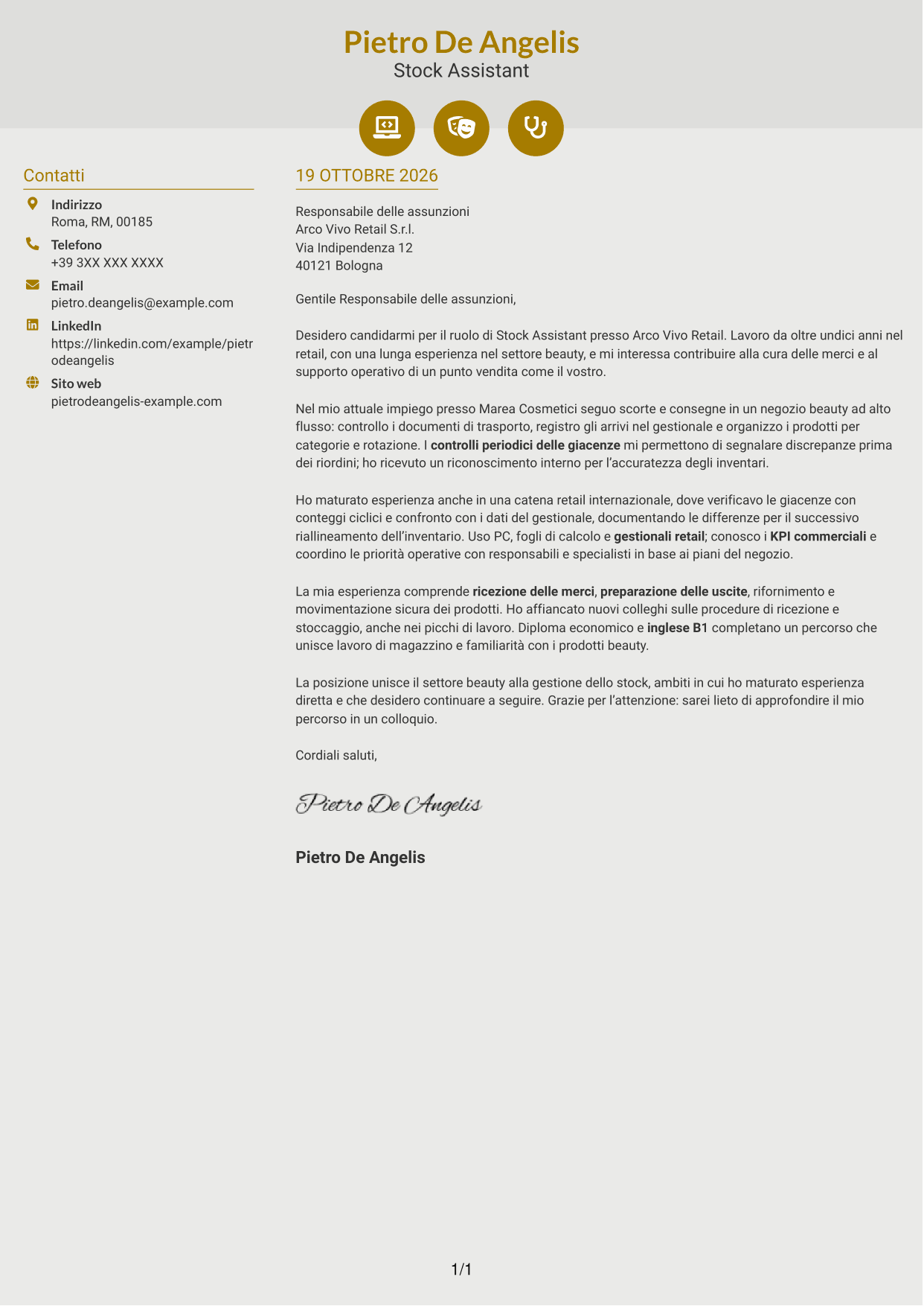 Lettera di presentazione Dinamico (formato a due colonne con icone): Stock Assistant - Retail Beauty, pagina 1