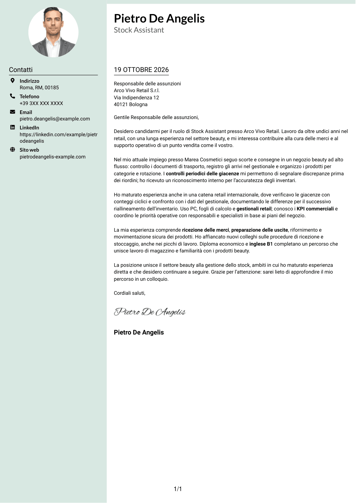 Lettera di presentazione Dirigente (formato con colonna laterale tenue e foto arrotondata): Stock Assistant - Retail Beauty, pagina 1