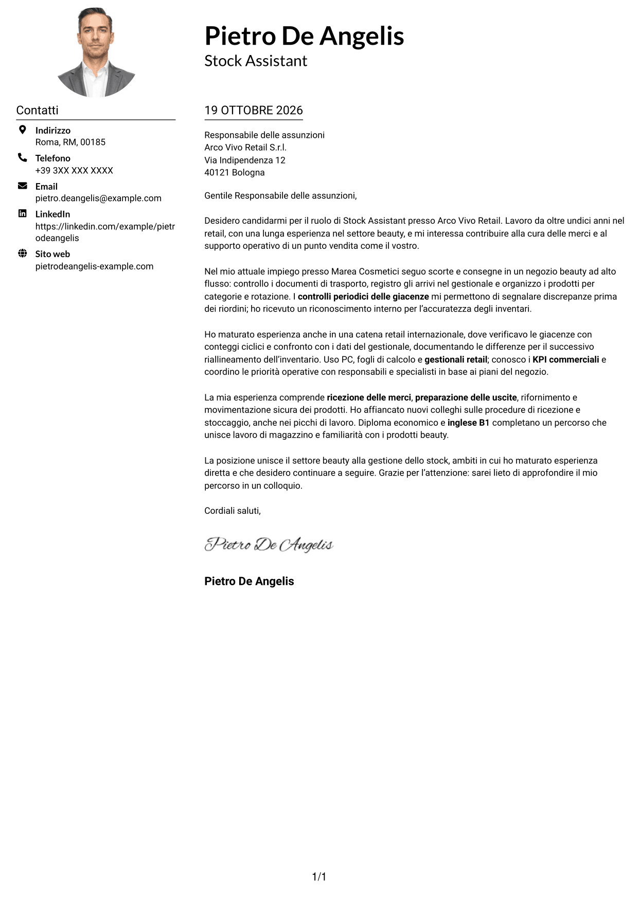 Esempio di lettera di presentazione — pagina 1