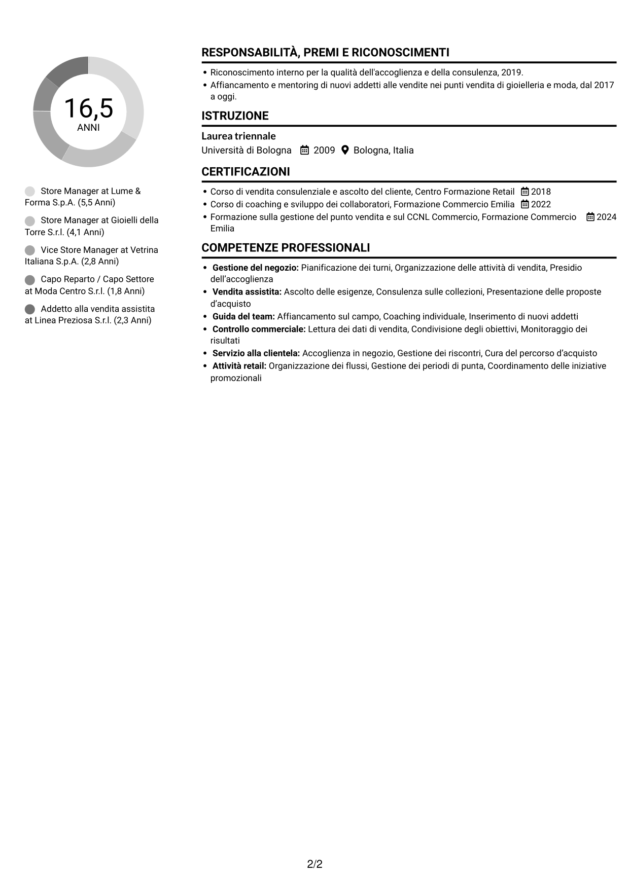 CV Compatto (formato sobrio a due colonne con foto): Store Manager - Vendita assistita, pagina 2