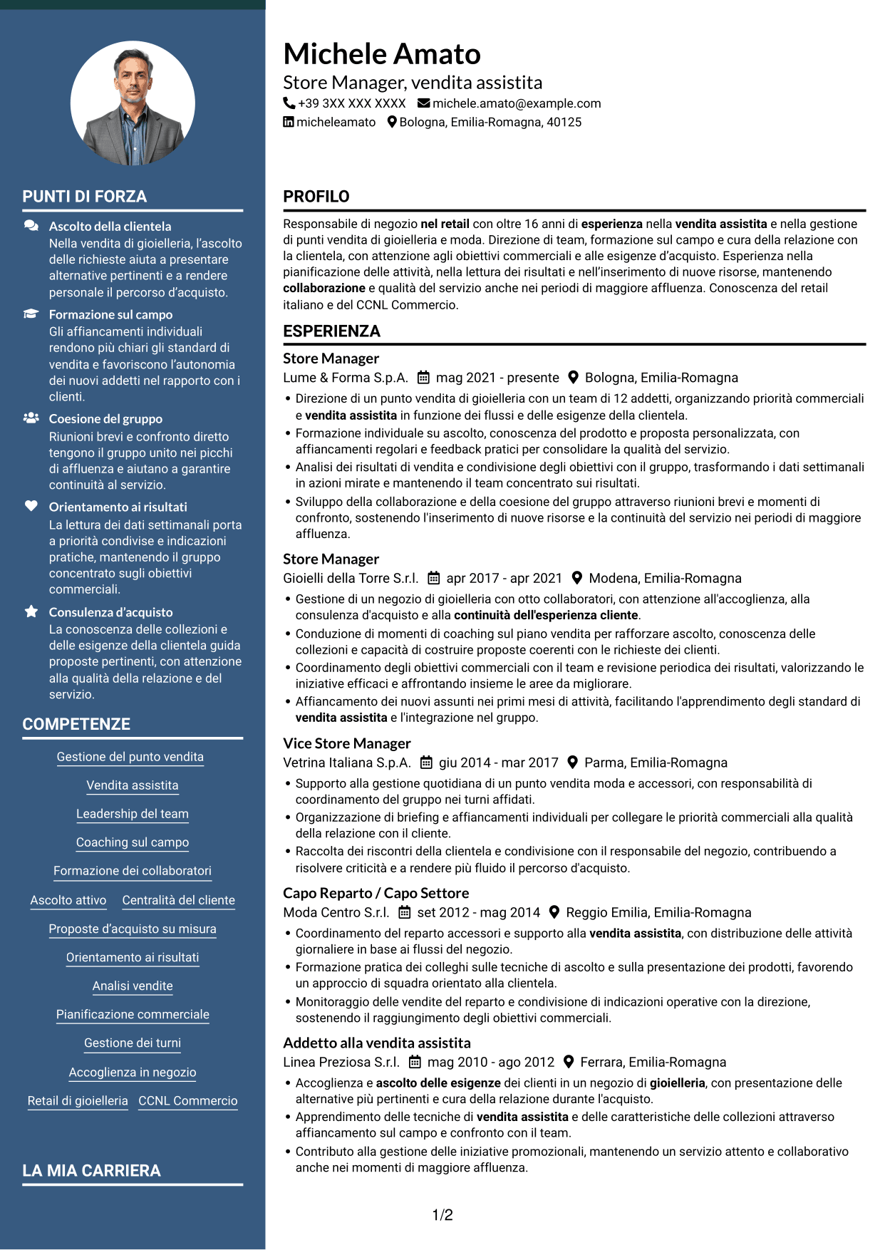 CV Elegante (formato con colonna laterale colorata e foto): Store Manager - Vendita assistita, pagina 1