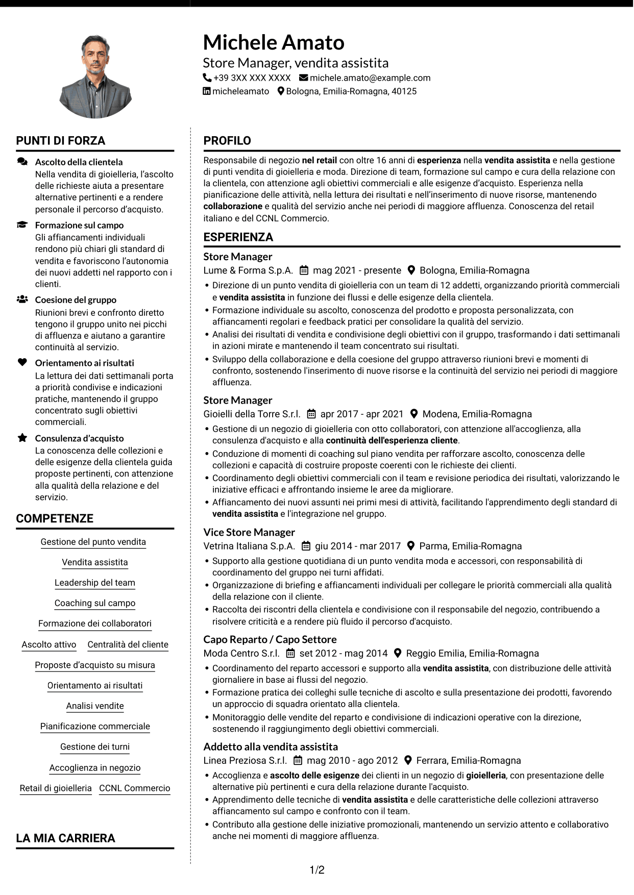 CV Moderno (formato a due colonne con foto a sinistra e separatore): Store Manager - Vendita assistita, pagina 1