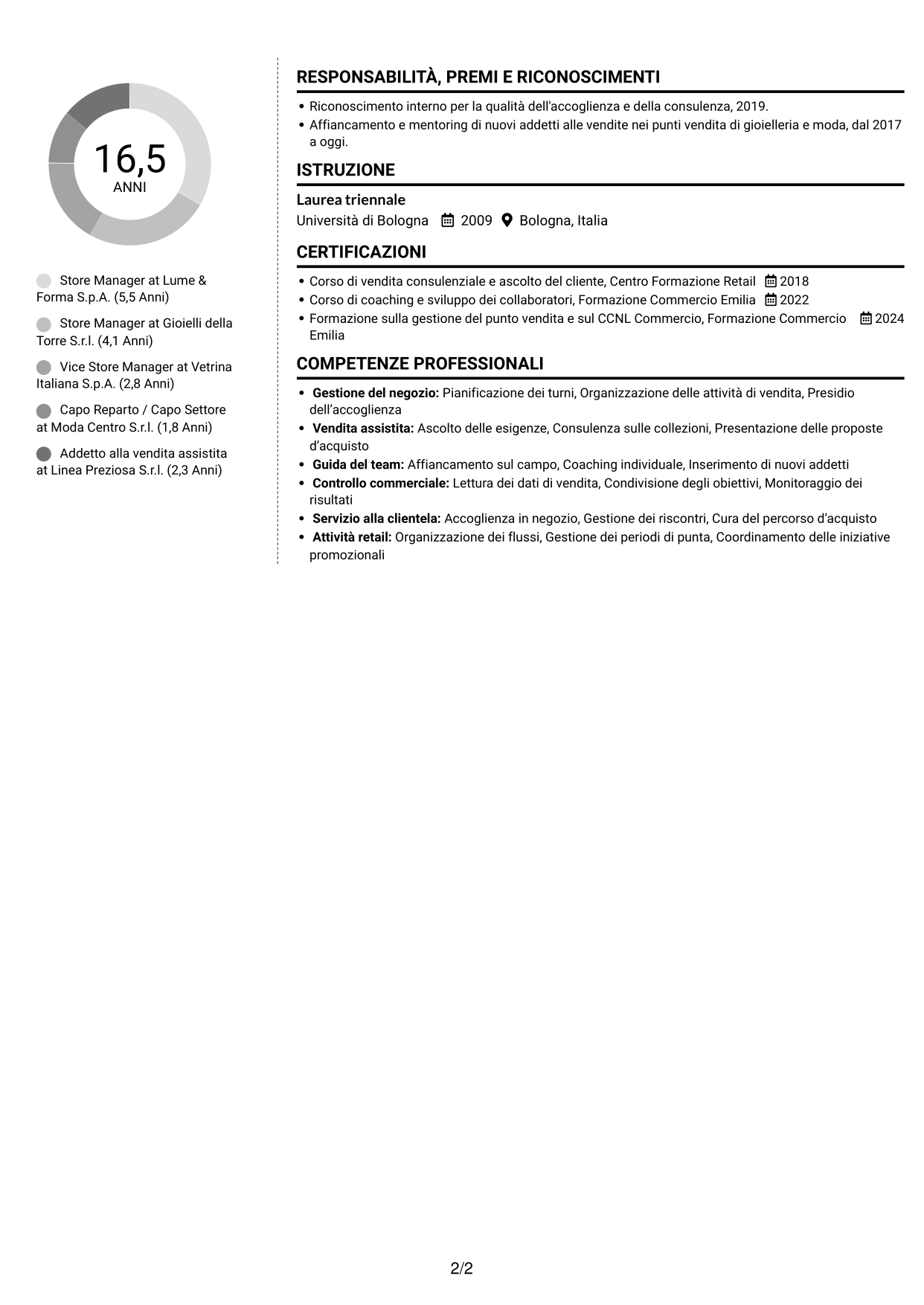 CV Moderno (formato a due colonne con foto a sinistra e separatore): Store Manager - Vendita assistita, pagina 2