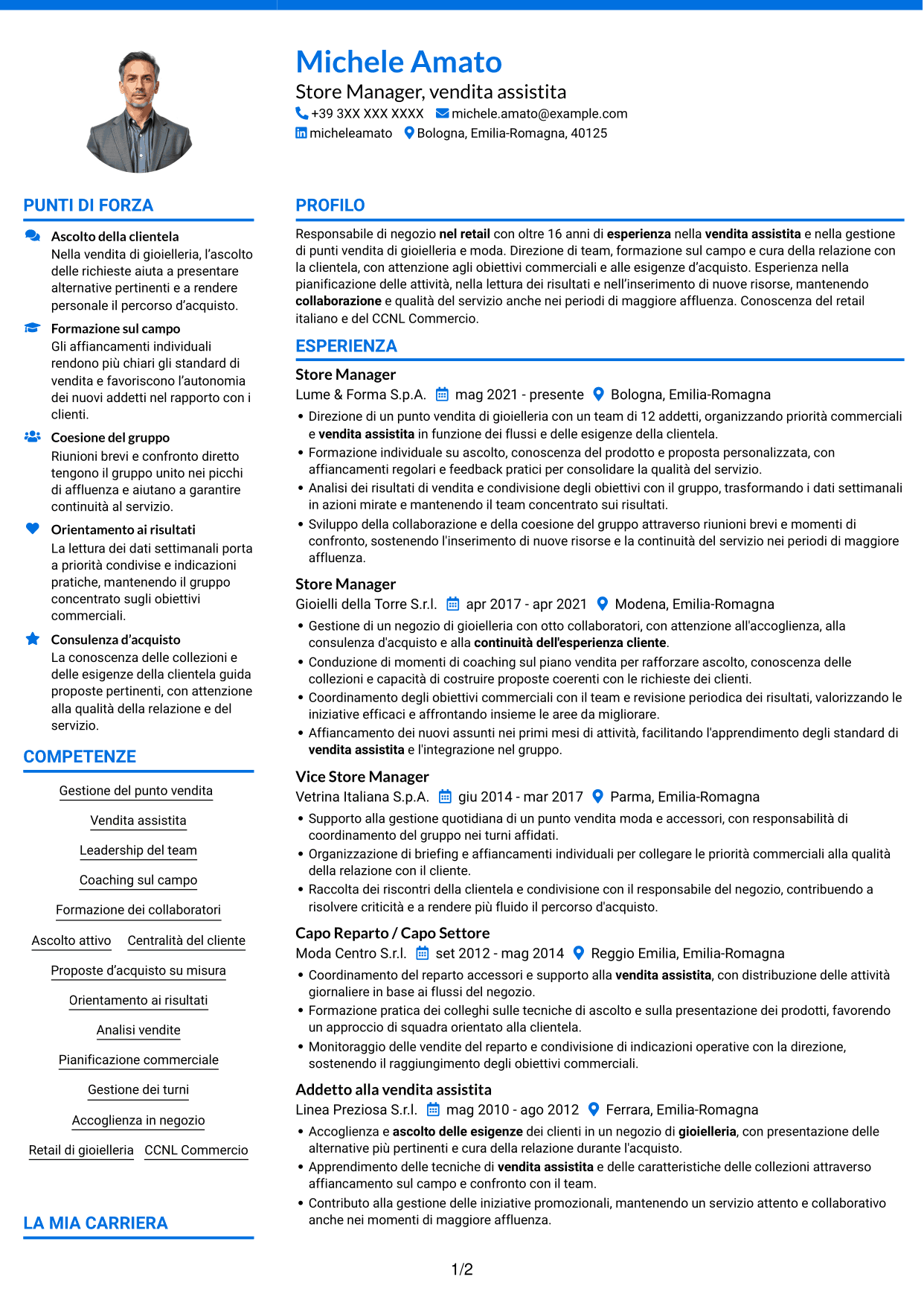CV Audace (formato a due colonne con accenti colorati e foto): Store Manager - Vendita assistita, pagina 1