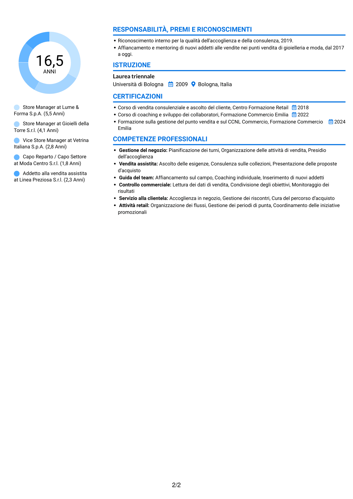 CV Audace (formato a due colonne con accenti colorati e foto): Store Manager - Vendita assistita, pagina 2