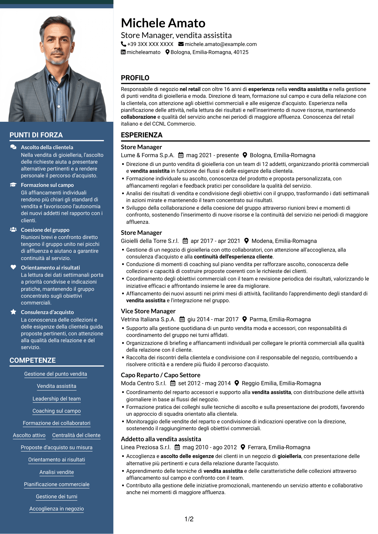 CV Signature (formato con colonna laterale colorata e foto grande): Store Manager - Vendita assistita, pagina 1