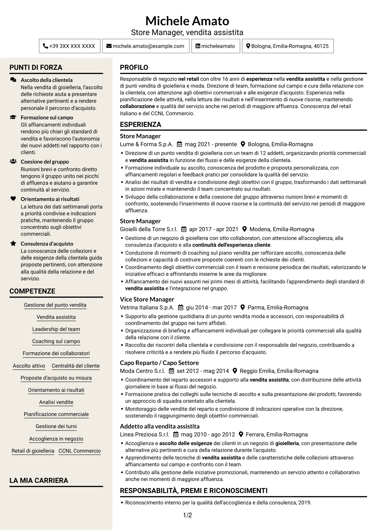 CV Intraprendente (formato a due colonne con intestazione centrata senza foto): Store Manager - Vendita assistita, pagina 1