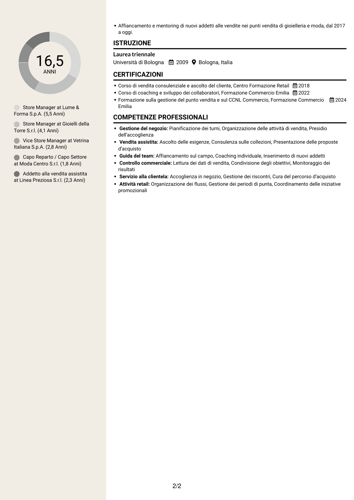 CV Intraprendente (formato a due colonne con intestazione centrata senza foto): Store Manager - Vendita assistita, pagina 2