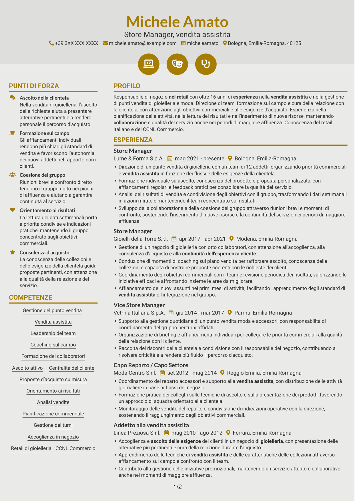 CV Dinamico (formato a due colonne con icone): Store Manager - Vendita assistita, pagina 1