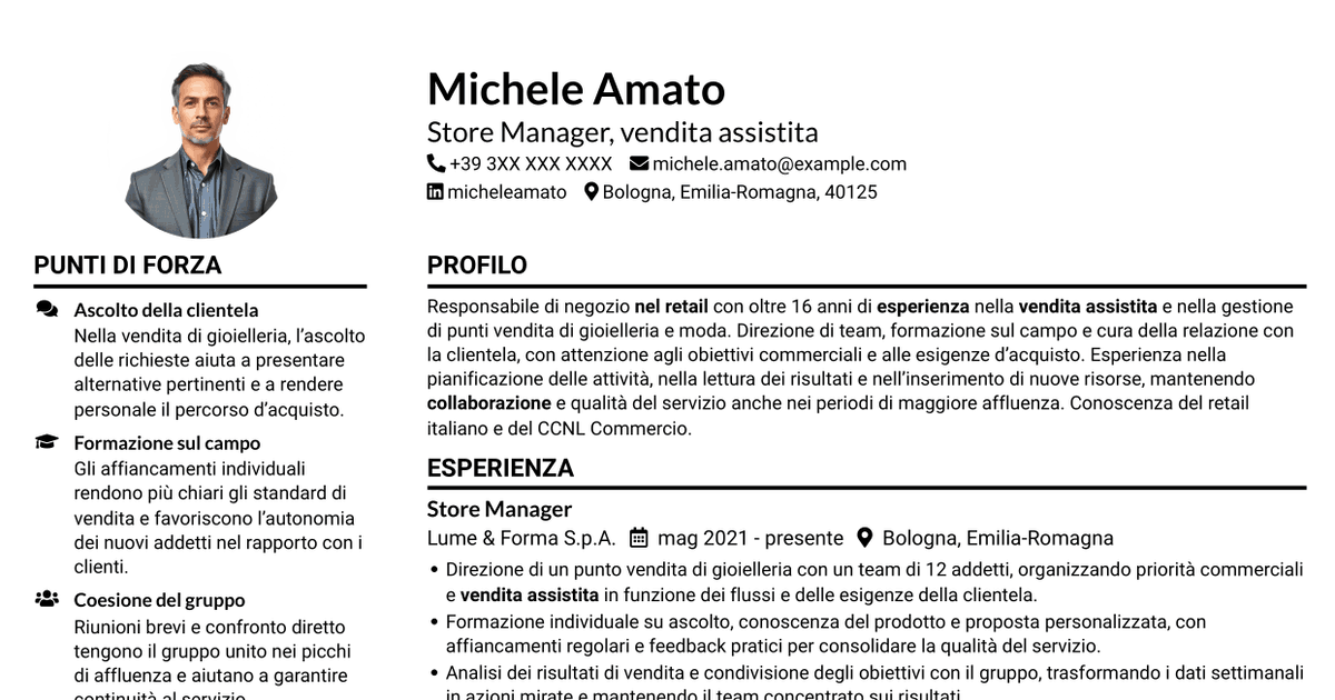 7 modelli di CV per Store Manager - Vendita assistita, con esempi