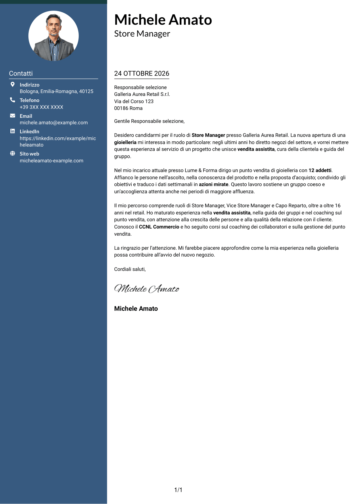 Lettera di presentazione Elegante (formato con colonna laterale colorata e foto): Store Manager - Vendita assistita, pagina 1