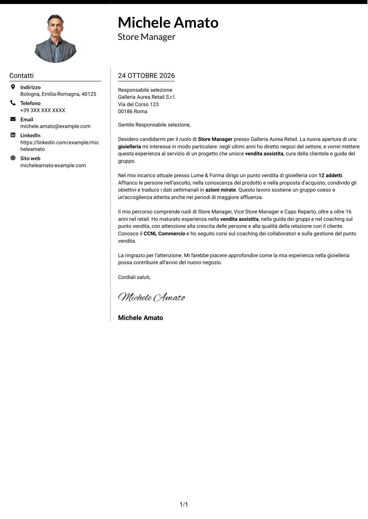 Lettera di presentazione Moderno (formato a due colonne con foto a sinistra e separatore): Store Manager - Vendita assistita, pagina 1