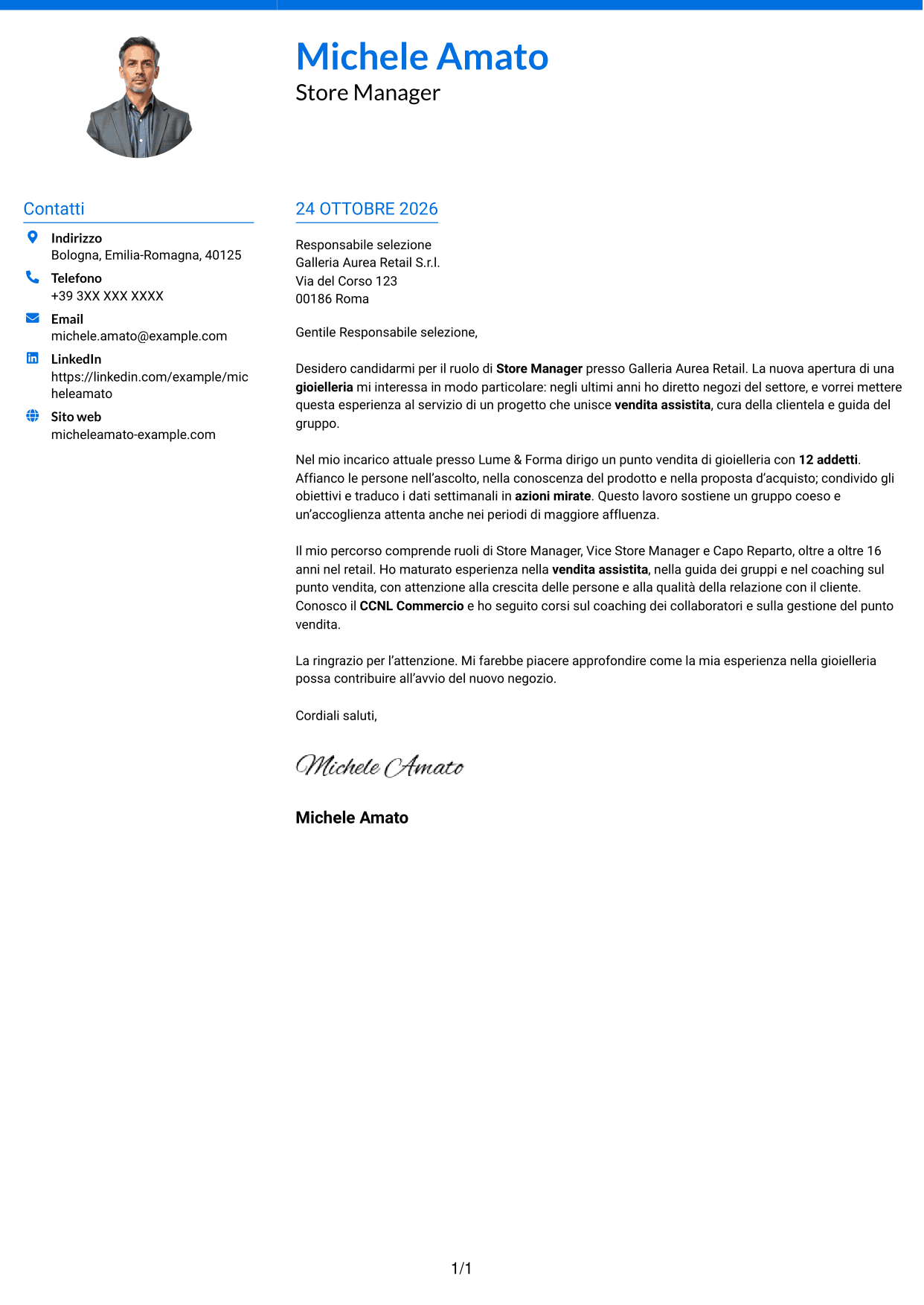 Lettera di presentazione Audace (formato a due colonne con accenti colorati e foto): Store Manager - Vendita assistita, pagina 1