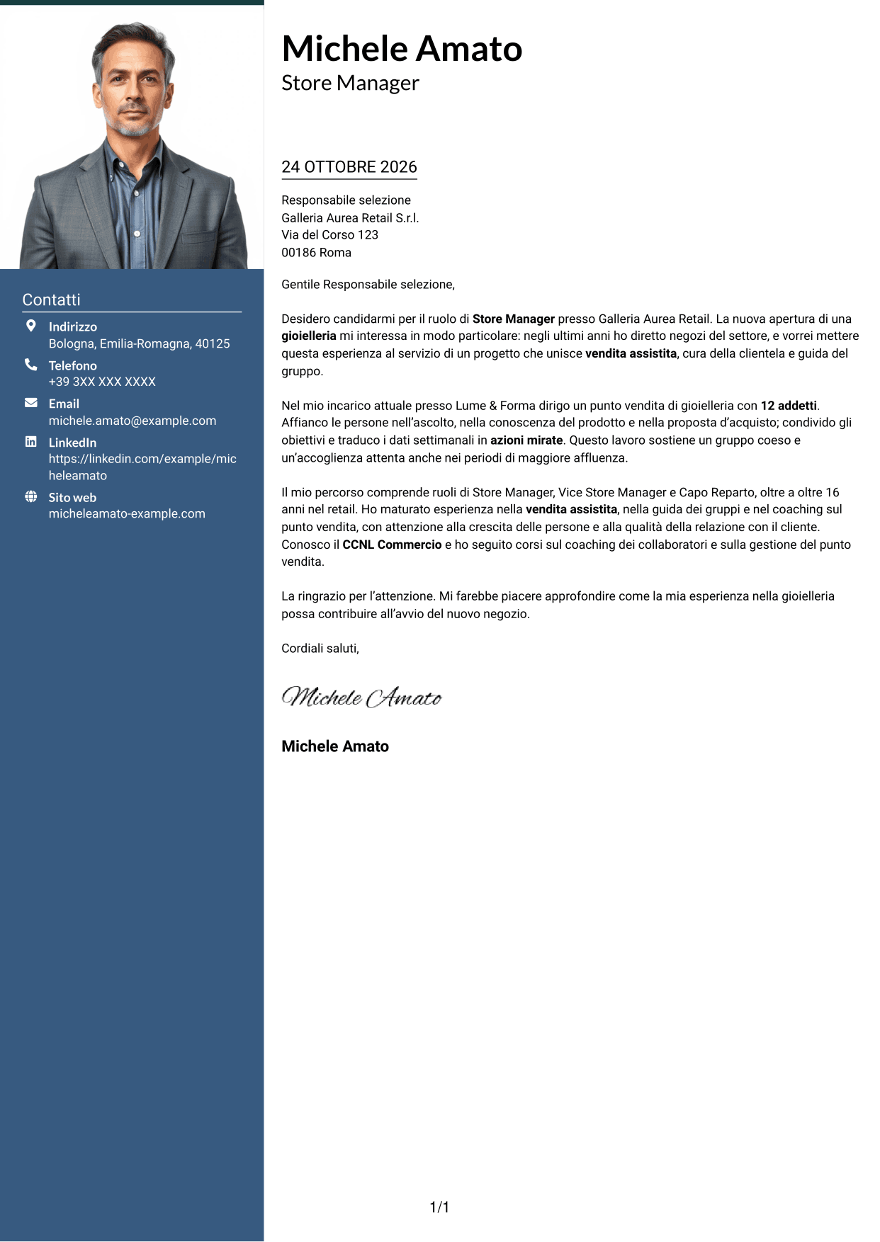 Lettera di presentazione Signature (formato con colonna laterale colorata e foto grande): Store Manager - Vendita assistita, pagina 1