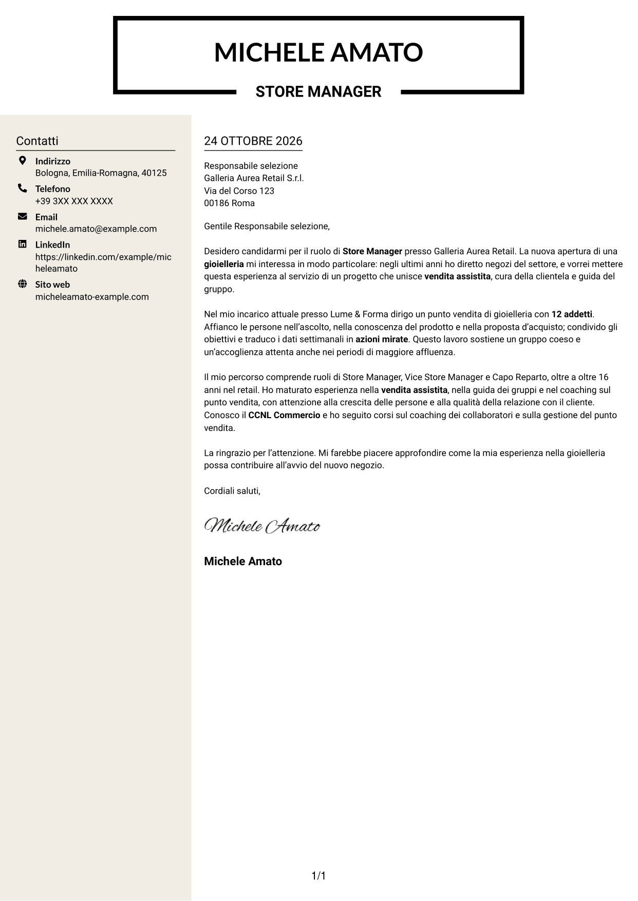 Lettera di presentazione Intraprendente (formato a due colonne con intestazione centrata senza foto): Store Manager - Vendita assistita, pagina 1