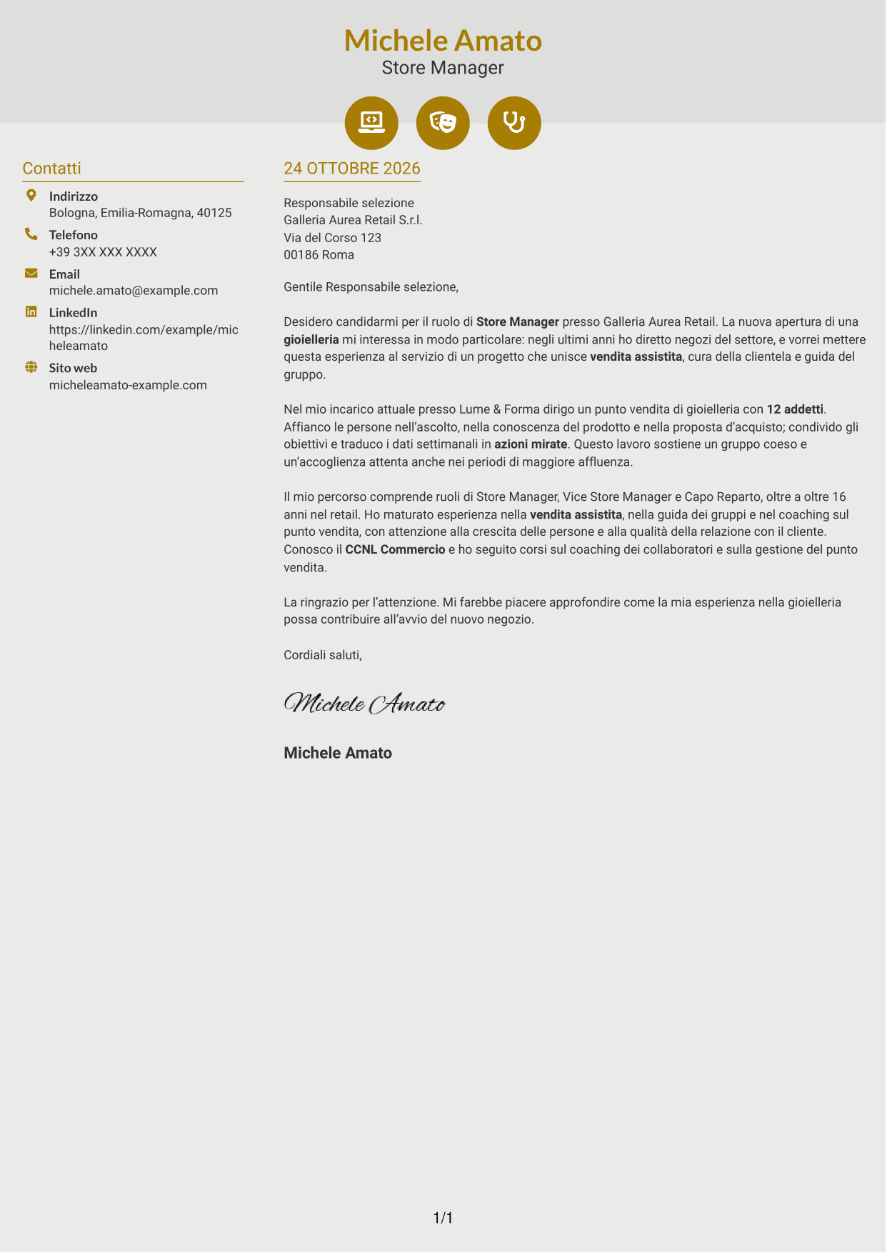 Lettera di presentazione Dinamico (formato a due colonne con icone): Store Manager - Vendita assistita, pagina 1