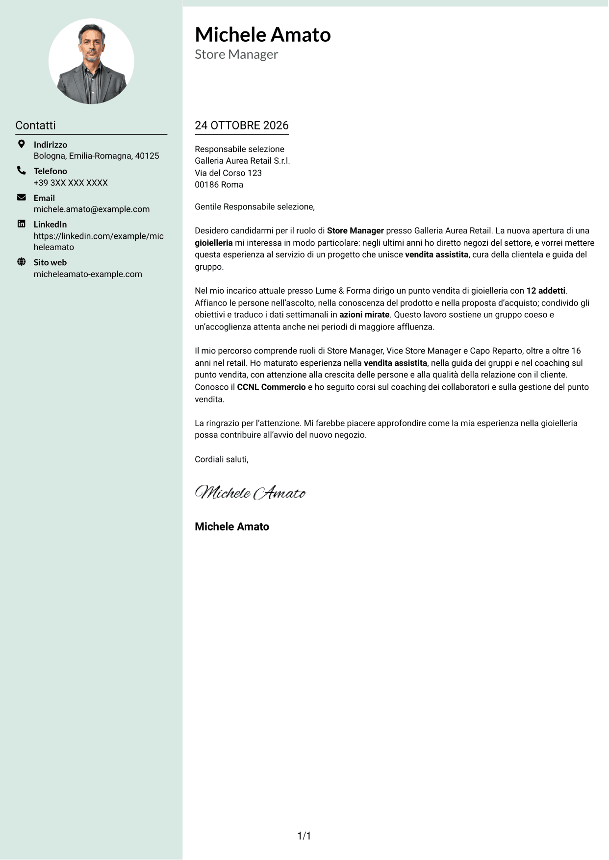 Lettera di presentazione Dirigente (formato con colonna laterale tenue e foto arrotondata): Store Manager - Vendita assistita, pagina 1