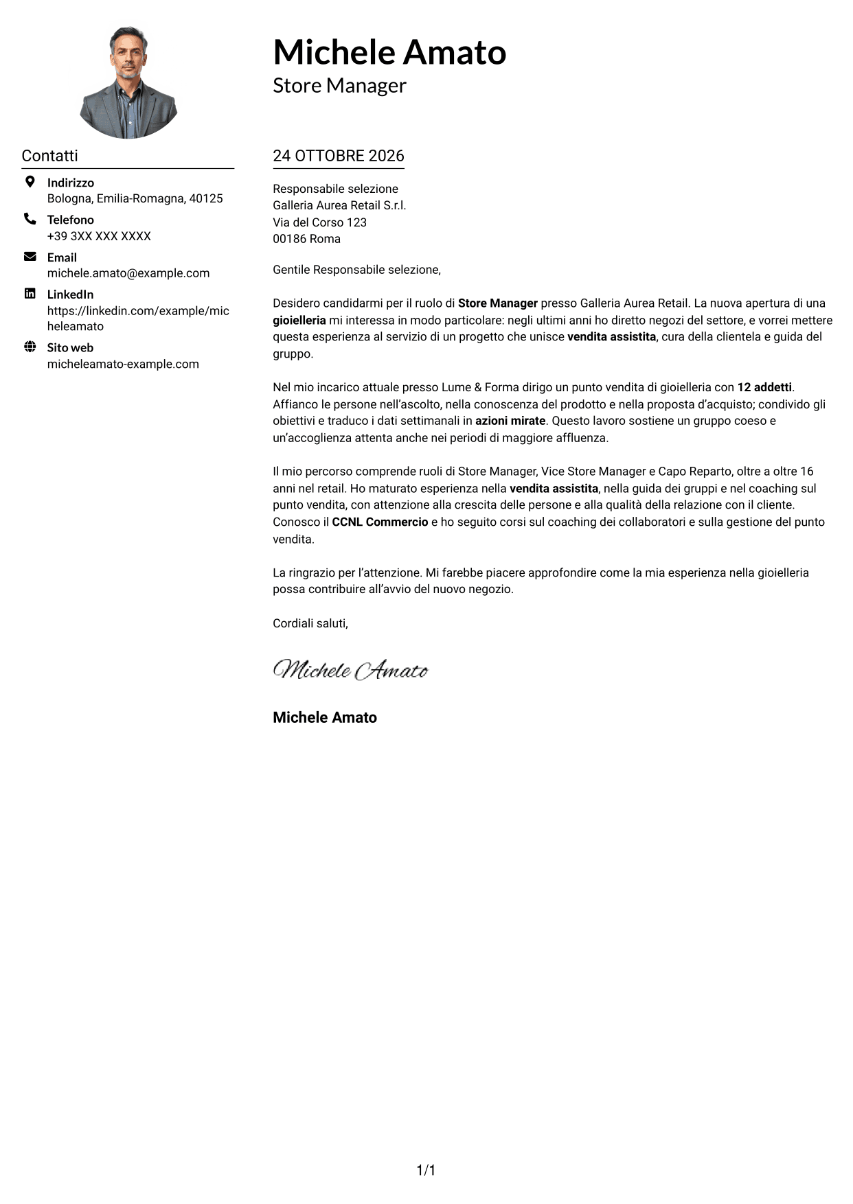 Esempio di lettera di presentazione — pagina 1