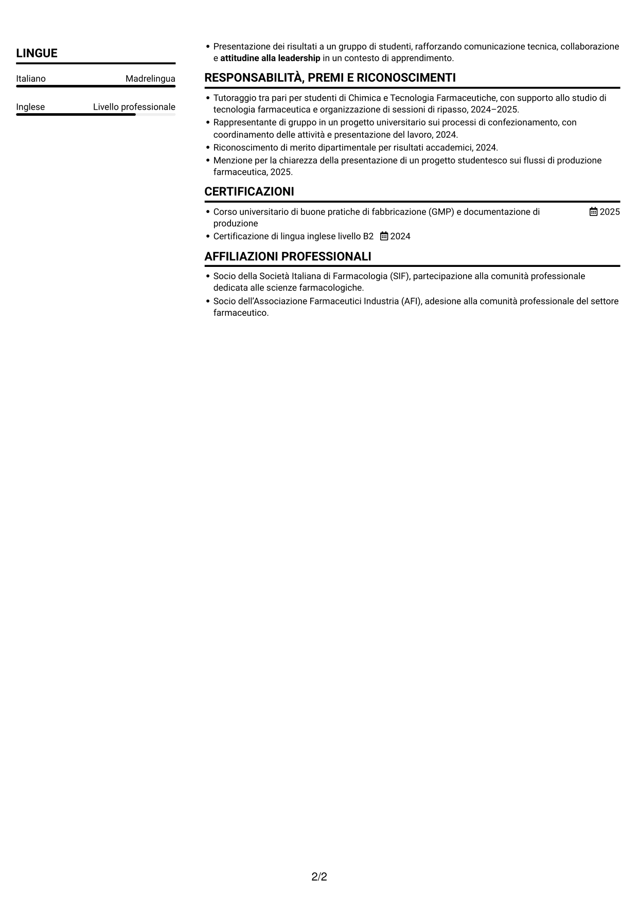 CV Compatto (formato sobrio a due colonne con foto): Supervisore di confezionamento secondario, pagina 2