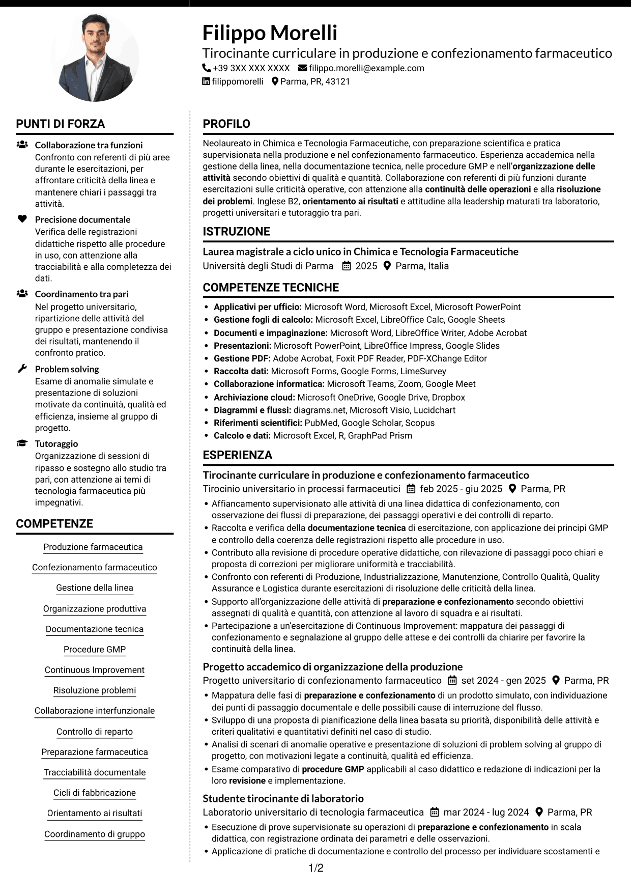CV Moderno (formato a due colonne con foto a sinistra e separatore): Supervisore di confezionamento secondario, pagina 1