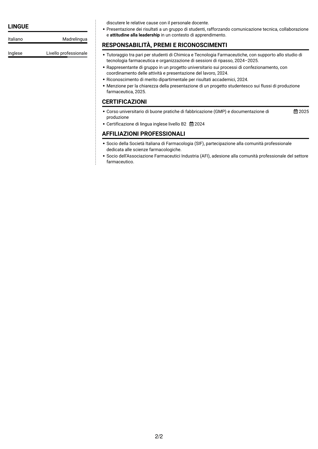 CV Moderno (formato a due colonne con foto a sinistra e separatore): Supervisore di confezionamento secondario, pagina 2