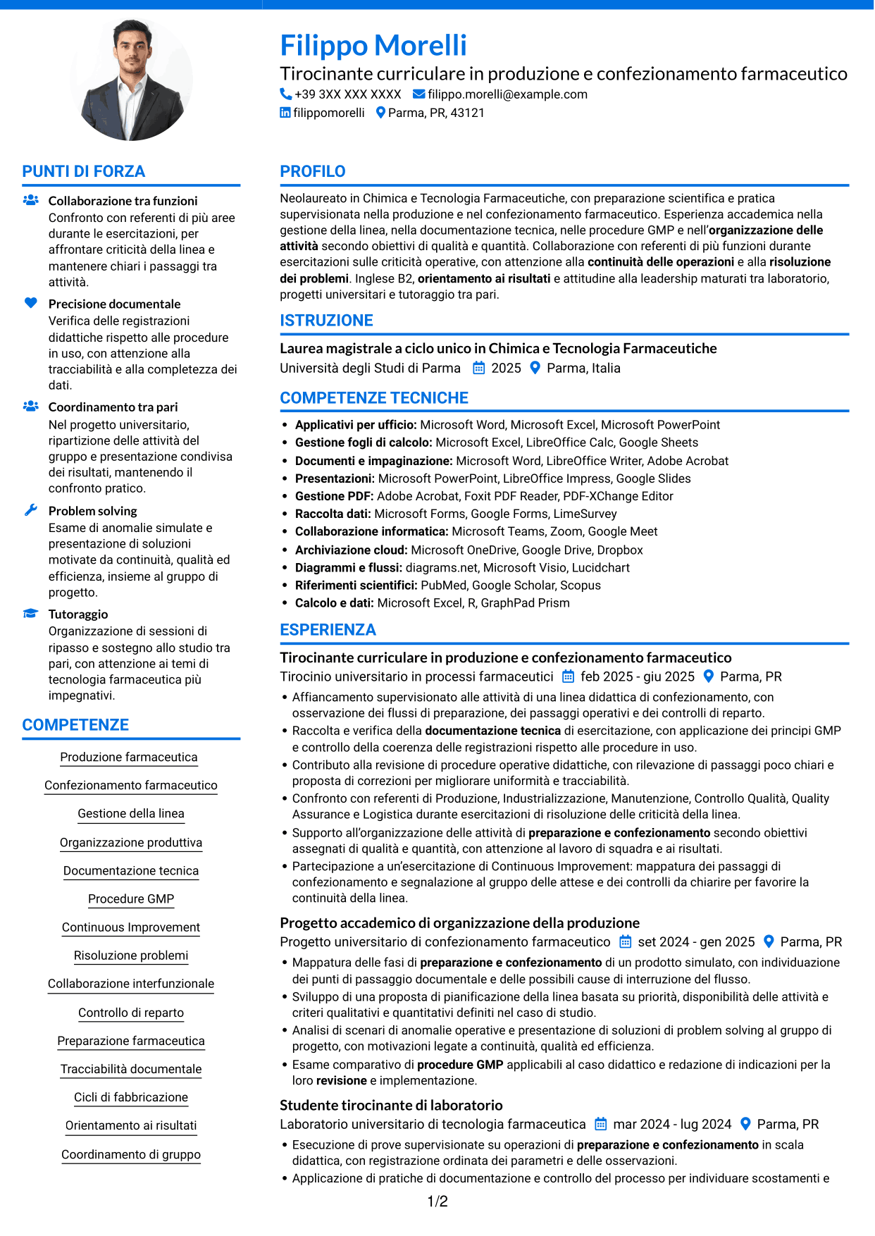 CV Audace (formato a due colonne con accenti colorati e foto): Supervisore di confezionamento secondario, pagina 1