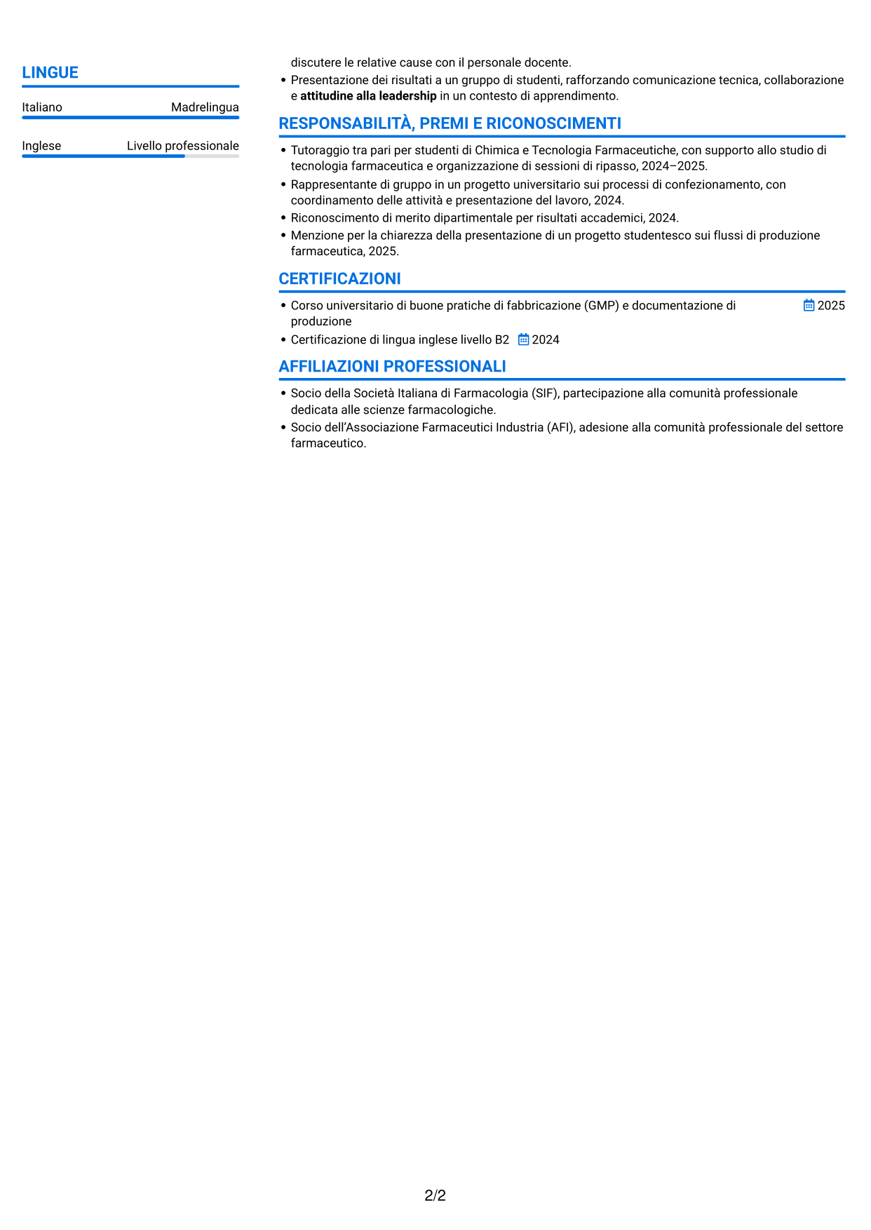 CV Audace (formato a due colonne con accenti colorati e foto): Supervisore di confezionamento secondario, pagina 2