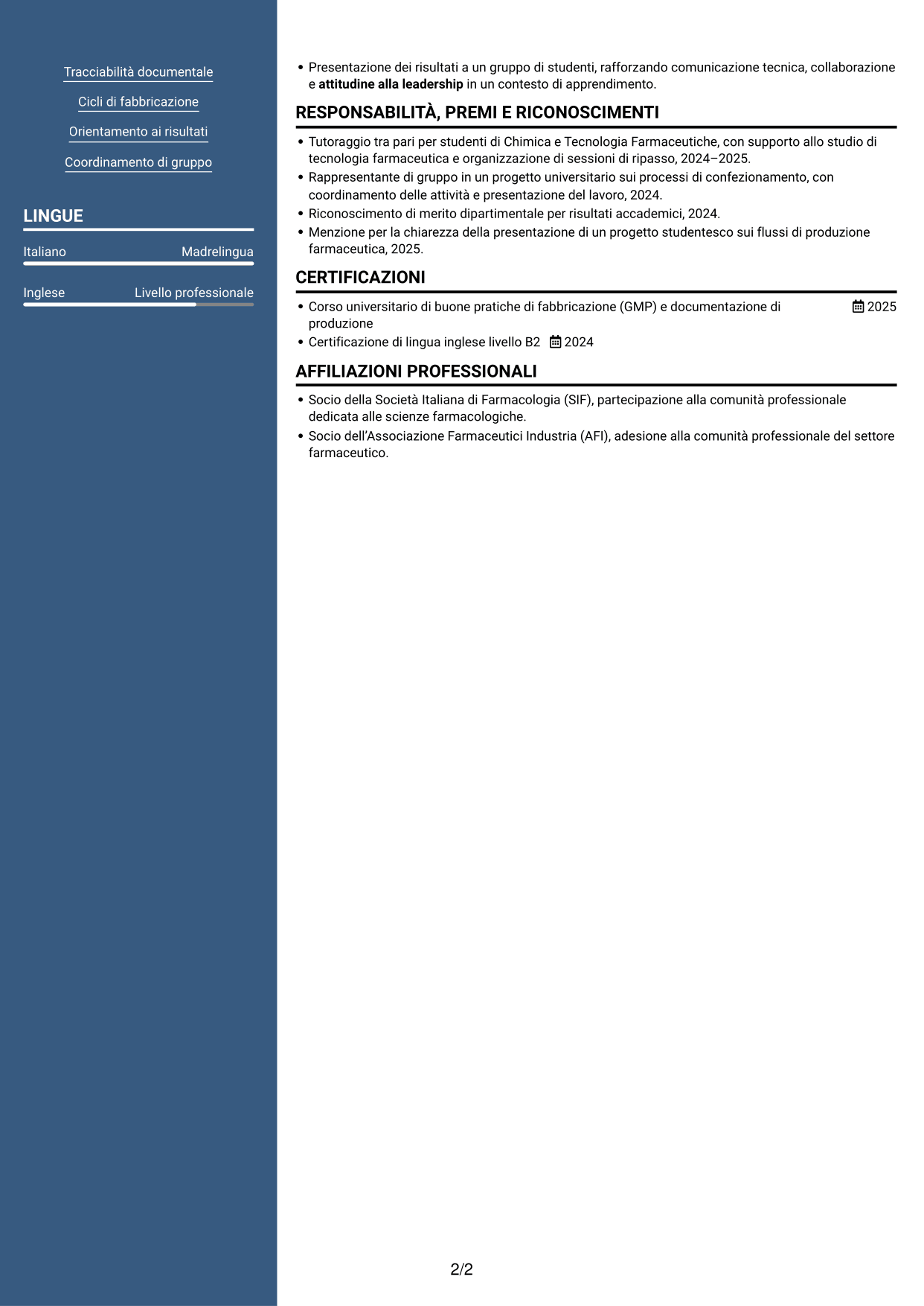 CV Signature (formato con colonna laterale colorata e foto grande): Supervisore di confezionamento secondario, pagina 2
