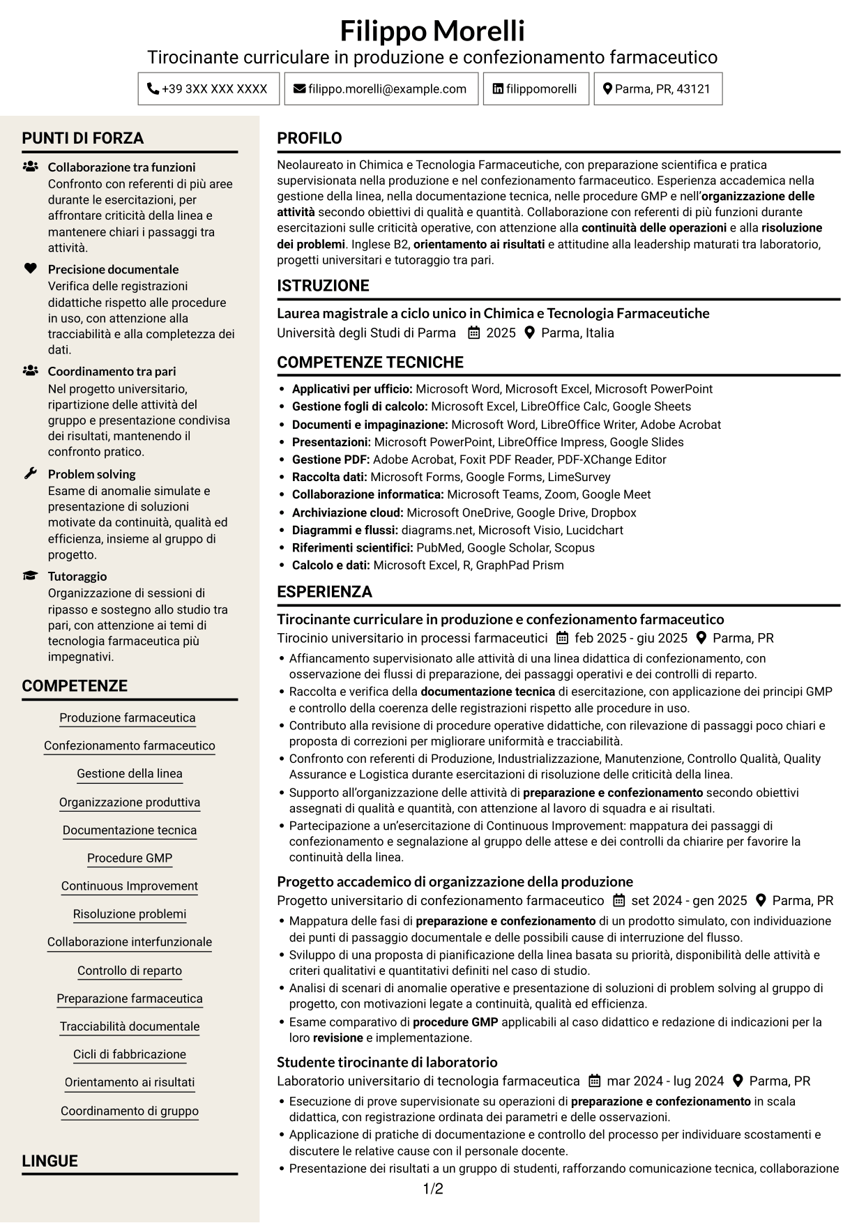 CV Intraprendente (formato a due colonne con intestazione centrata senza foto): Supervisore di confezionamento secondario, pagina 1