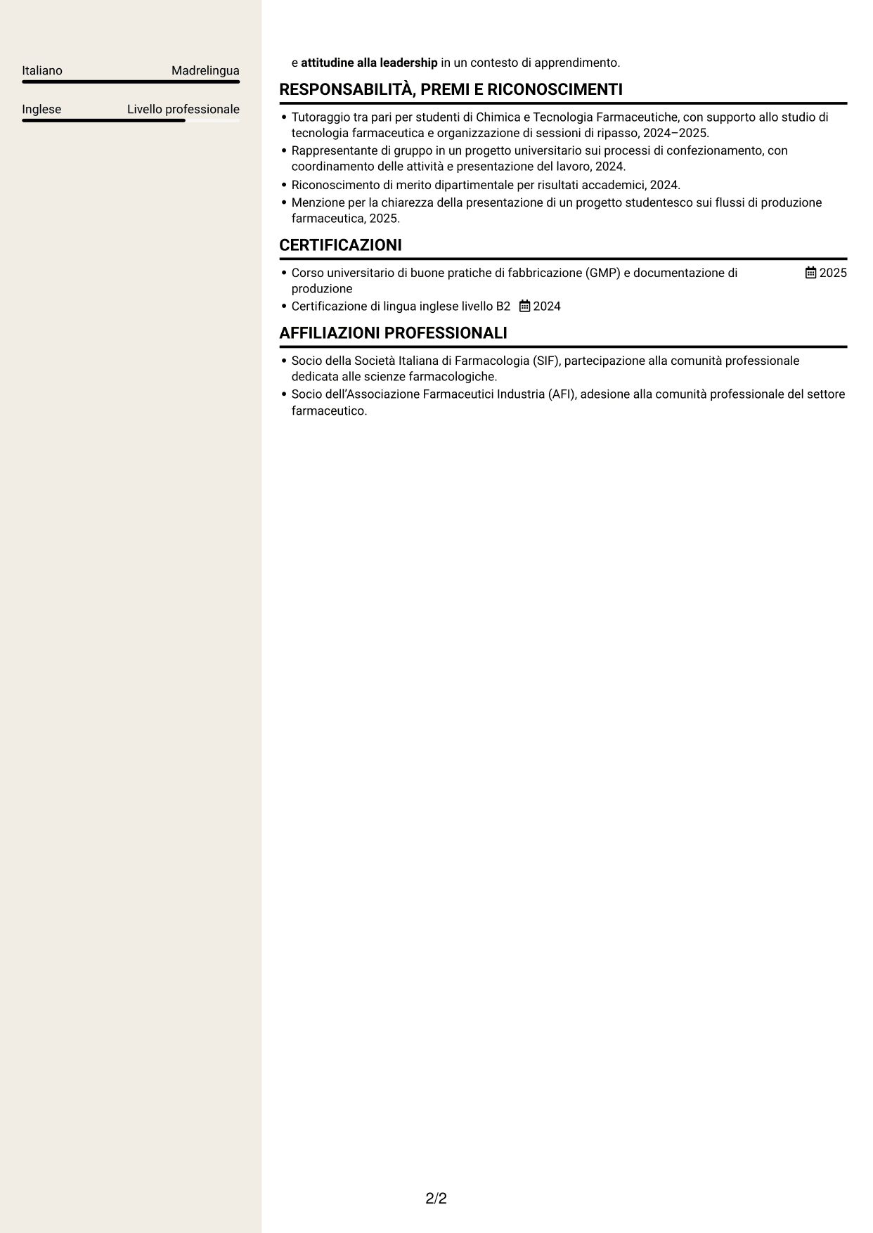 CV Intraprendente (formato a due colonne con intestazione centrata senza foto): Supervisore di confezionamento secondario, pagina 2