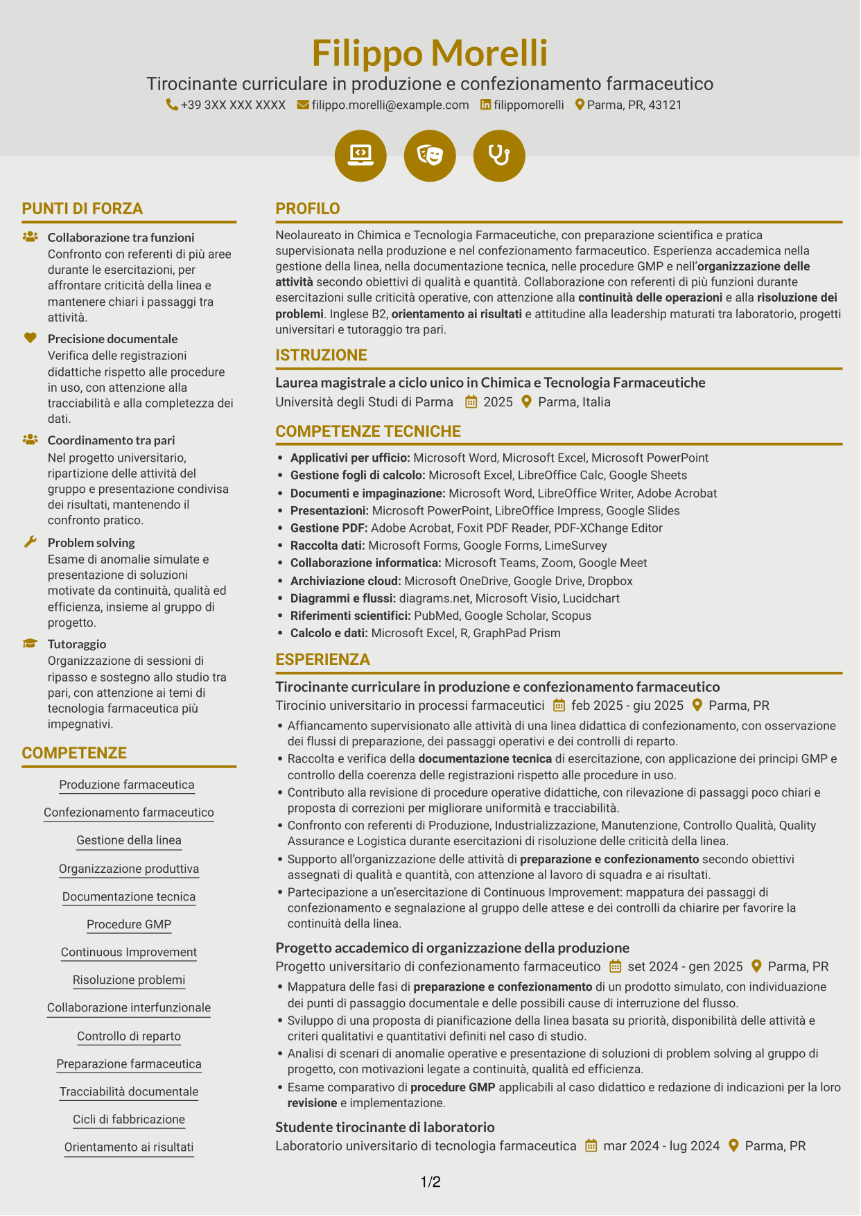CV Dinamico (formato a due colonne con icone): Supervisore di confezionamento secondario, pagina 1