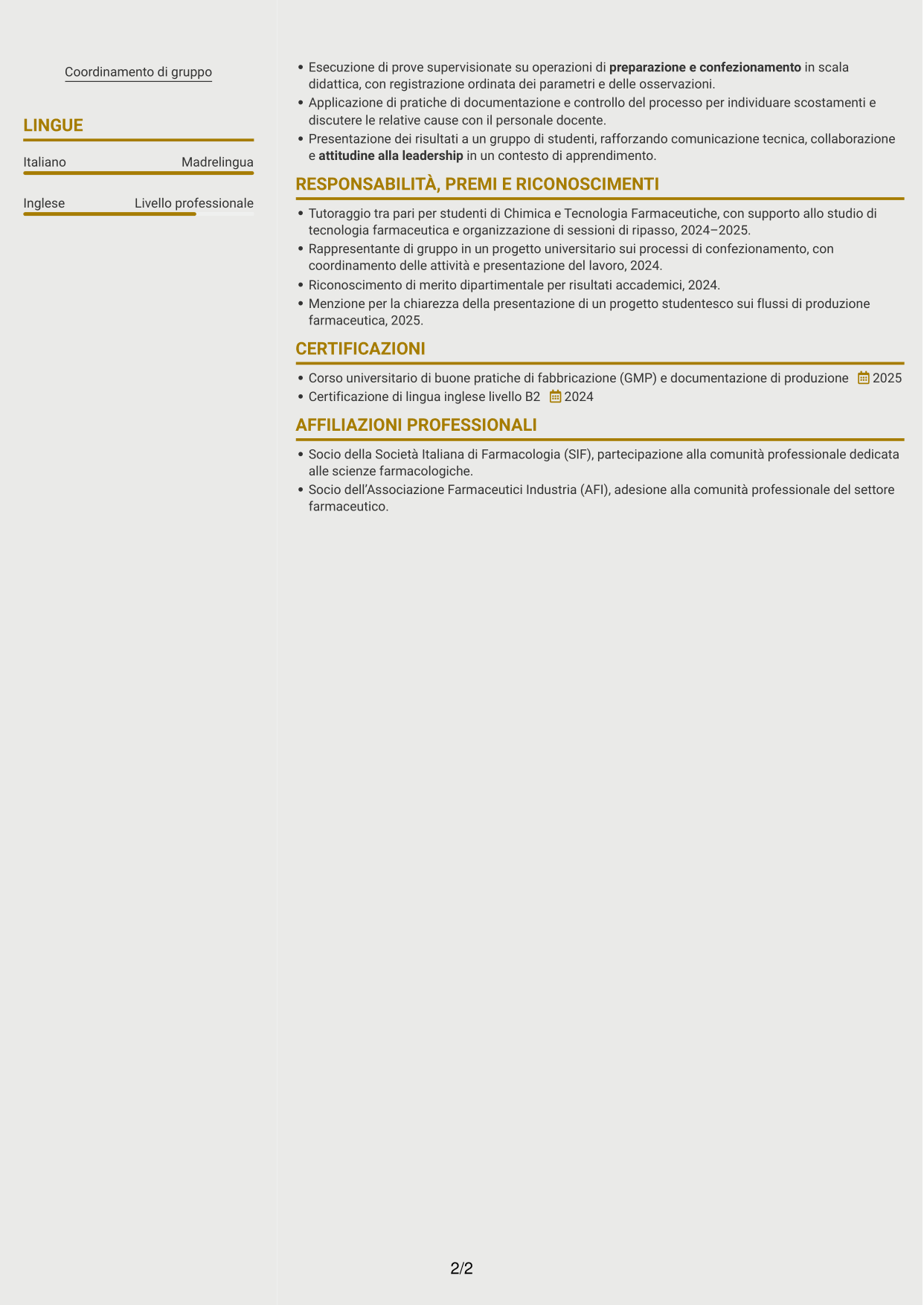 CV Dinamico (formato a due colonne con icone): Supervisore di confezionamento secondario, pagina 2