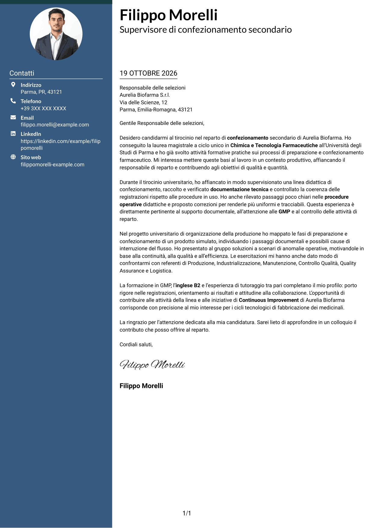 Lettera di presentazione Elegante (formato con colonna laterale colorata e foto): Supervisore di confezionamento secondario, pagina 1