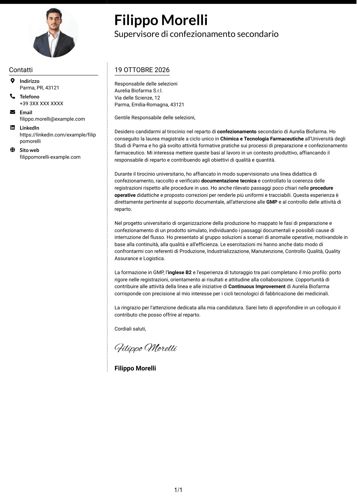 Lettera di presentazione Moderno (formato a due colonne con foto a sinistra e separatore): Supervisore di confezionamento secondario, pagina 1
