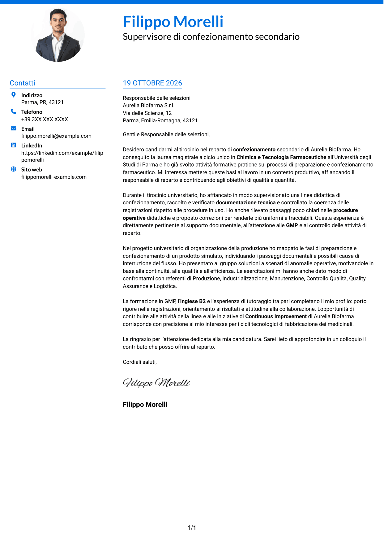 Lettera di presentazione Audace (formato a due colonne con accenti colorati e foto): Supervisore di confezionamento secondario, pagina 1