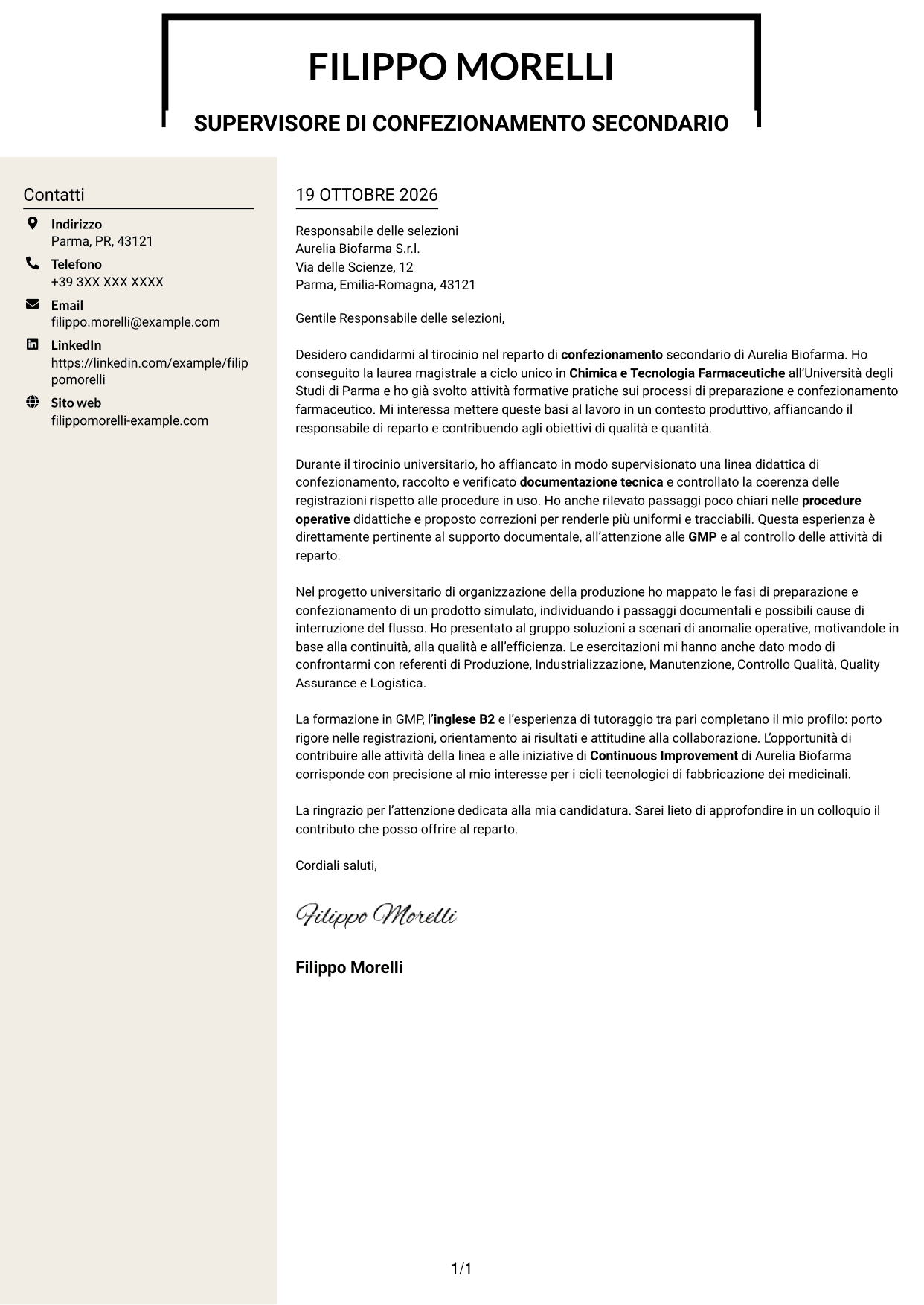 Lettera di presentazione Intraprendente (formato a due colonne con intestazione centrata senza foto): Supervisore di confezionamento secondario, pagina 1