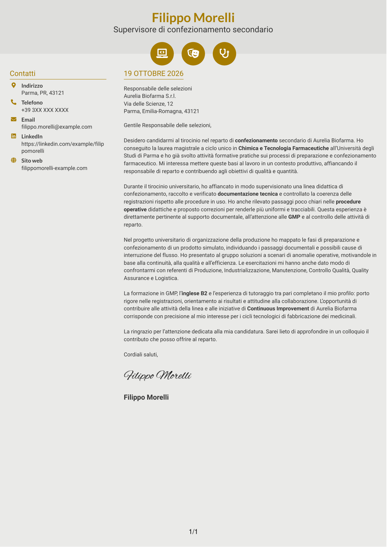 Lettera di presentazione Dinamico (formato a due colonne con icone): Supervisore di confezionamento secondario, pagina 1