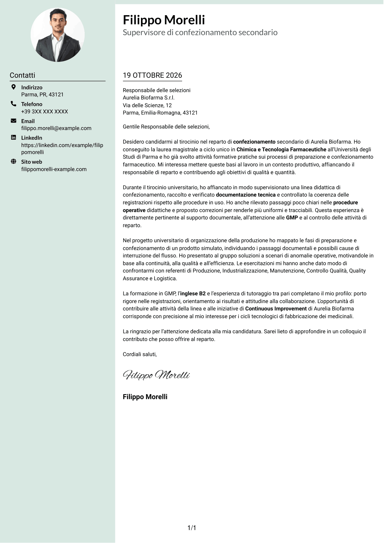 Lettera di presentazione Dirigente (formato con colonna laterale tenue e foto arrotondata): Supervisore di confezionamento secondario, pagina 1