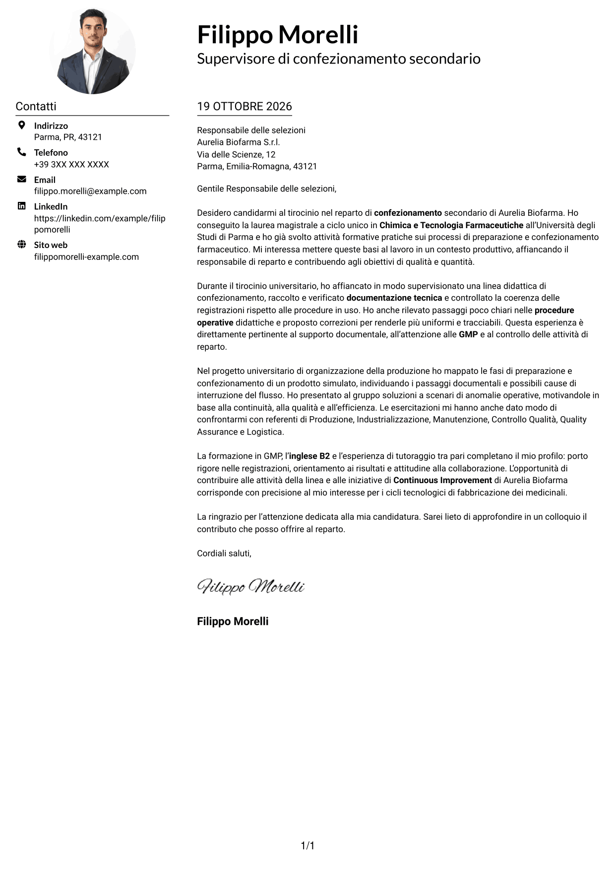 Esempio di lettera di presentazione — pagina 1