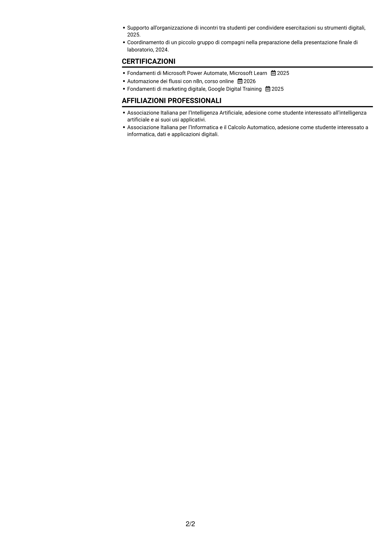 CV Compatto (formato sobrio a due colonne con foto): Sviluppatore AI - Agenti e automazione dei processi, pagina 2