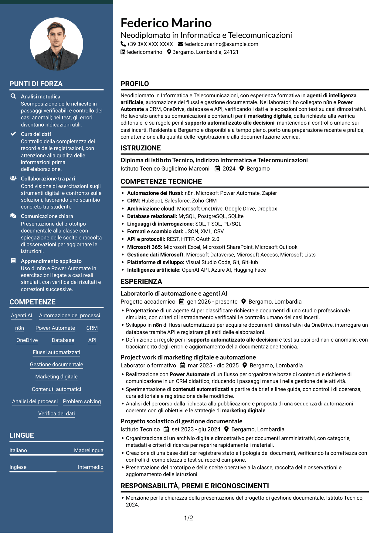 CV Elegante (formato con colonna laterale colorata e foto): Sviluppatore AI - Agenti e automazione dei processi, pagina 1