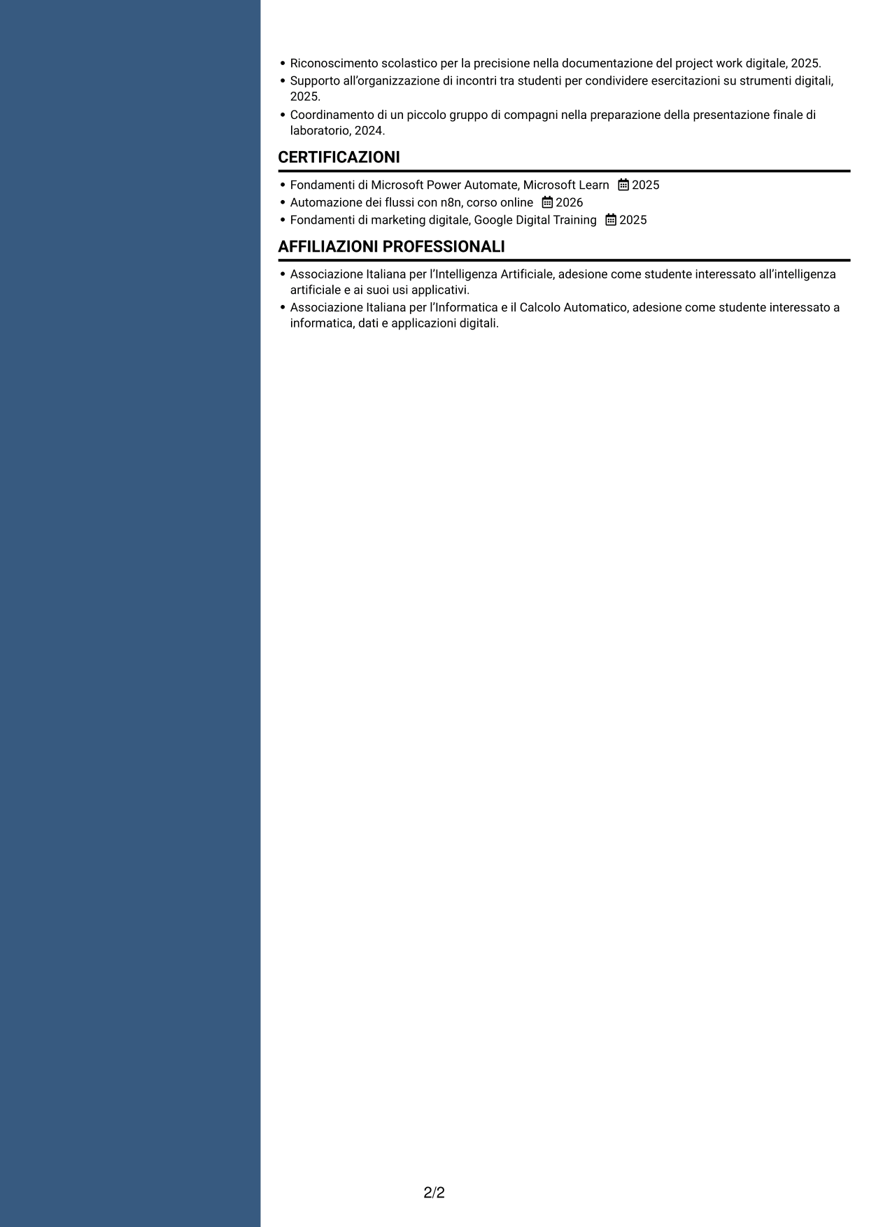 CV Elegante (formato con colonna laterale colorata e foto): Sviluppatore AI - Agenti e automazione dei processi, pagina 2