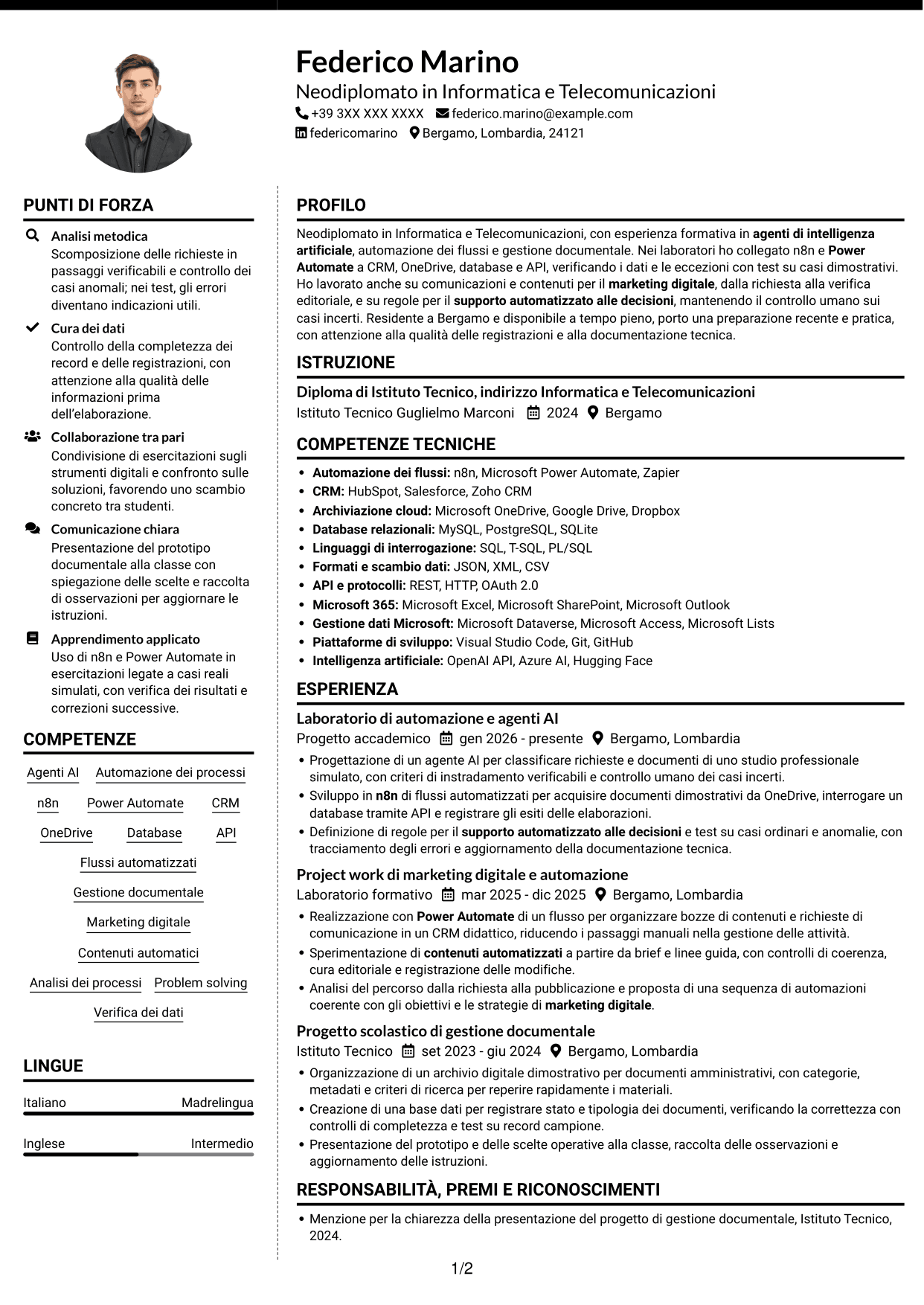 CV Moderno (formato a due colonne con foto a sinistra e separatore): Sviluppatore AI - Agenti e automazione dei processi, pagina 1