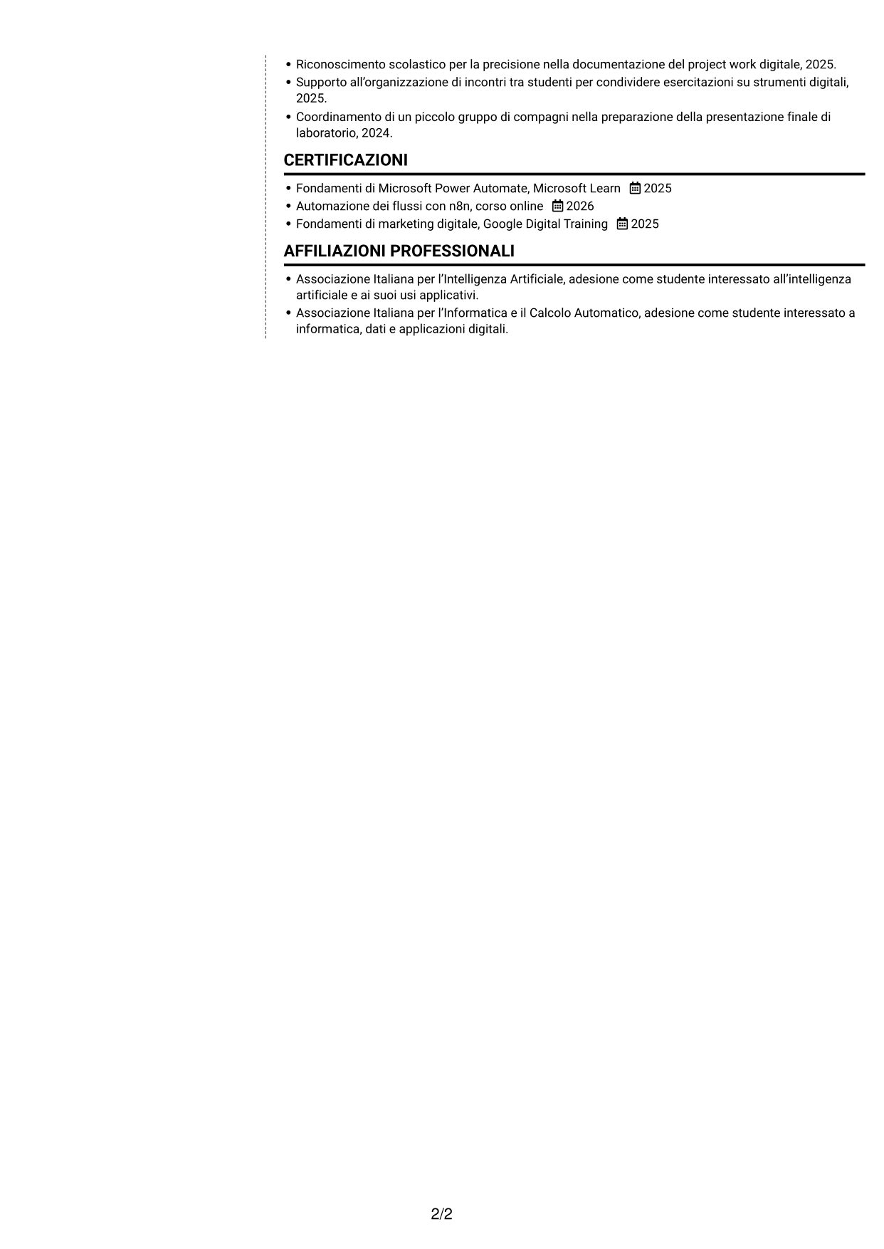 CV Moderno (formato a due colonne con foto a sinistra e separatore): Sviluppatore AI - Agenti e automazione dei processi, pagina 2