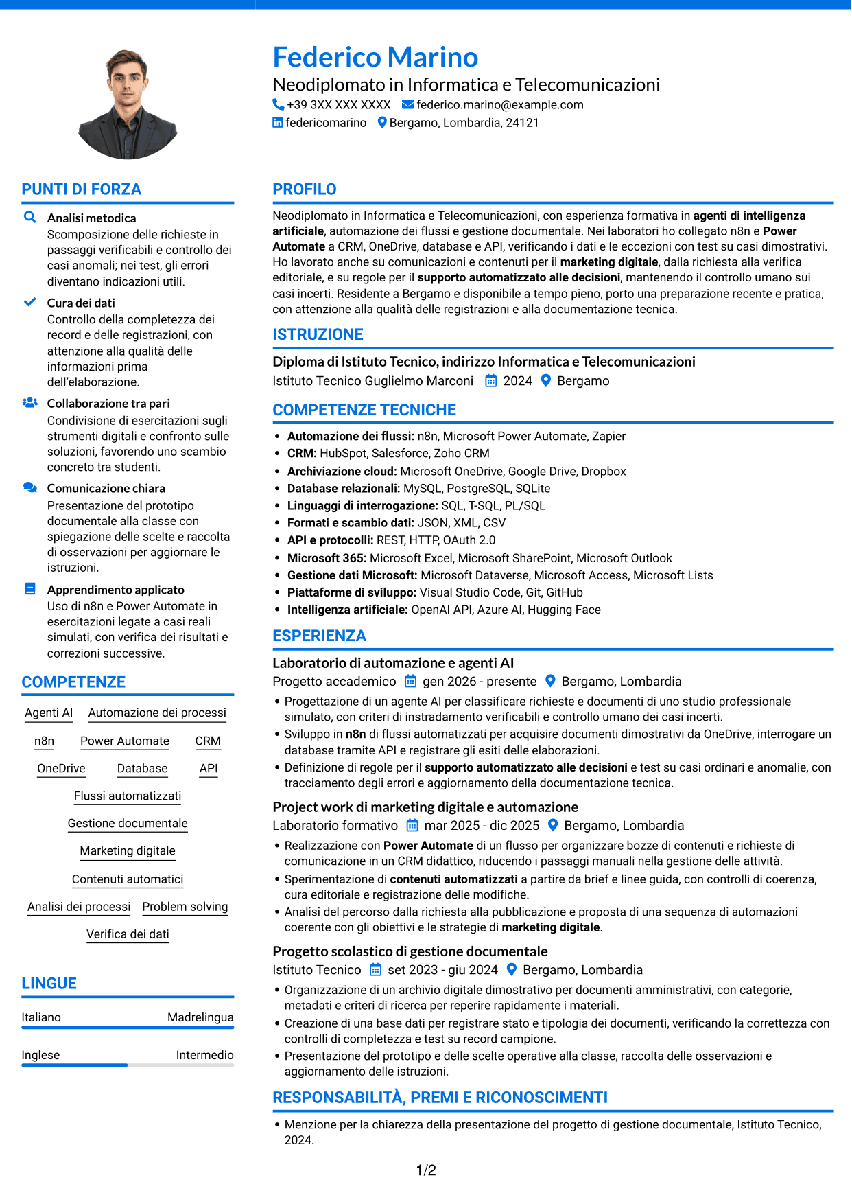 CV Audace (formato a due colonne con accenti colorati e foto): Sviluppatore AI - Agenti e automazione dei processi, pagina 1