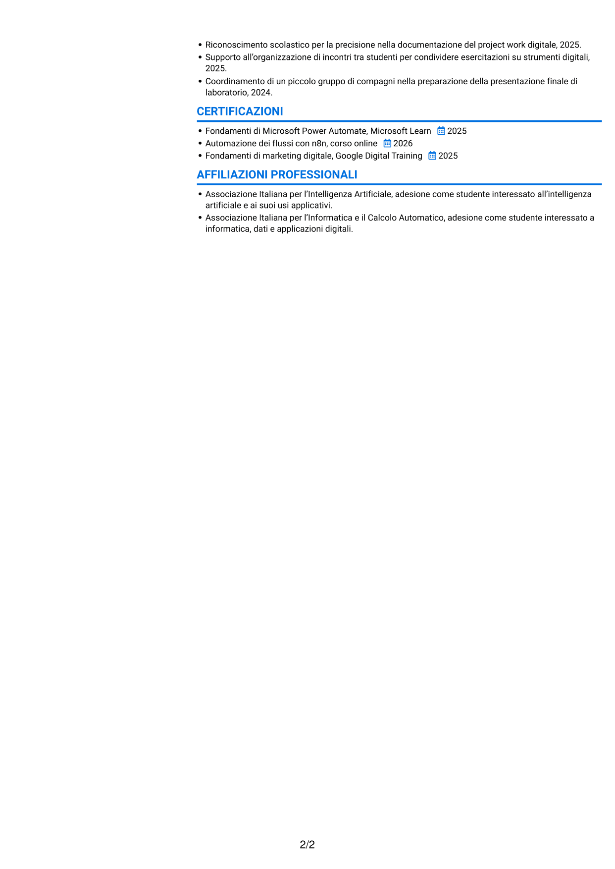 CV Audace (formato a due colonne con accenti colorati e foto): Sviluppatore AI - Agenti e automazione dei processi, pagina 2
