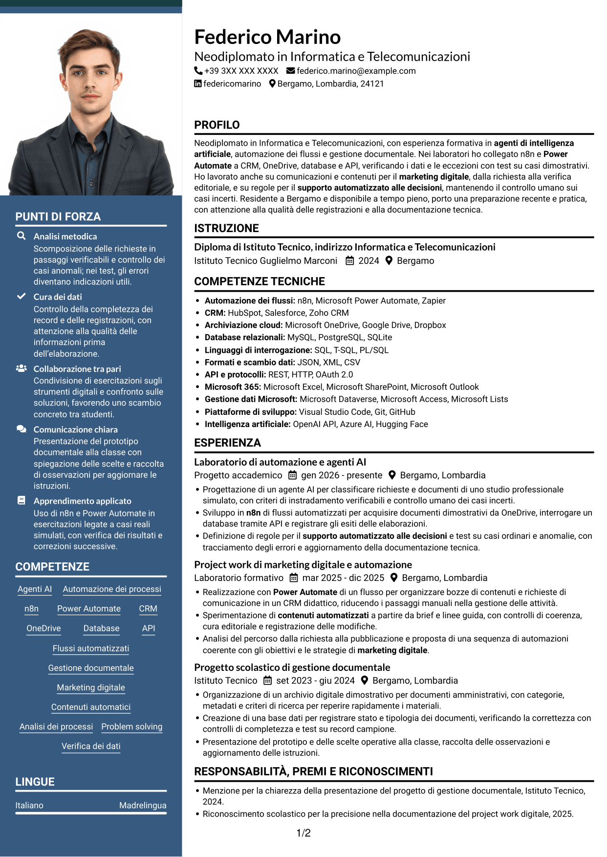CV Signature (formato con colonna laterale colorata e foto grande): Sviluppatore AI - Agenti e automazione dei processi, pagina 1